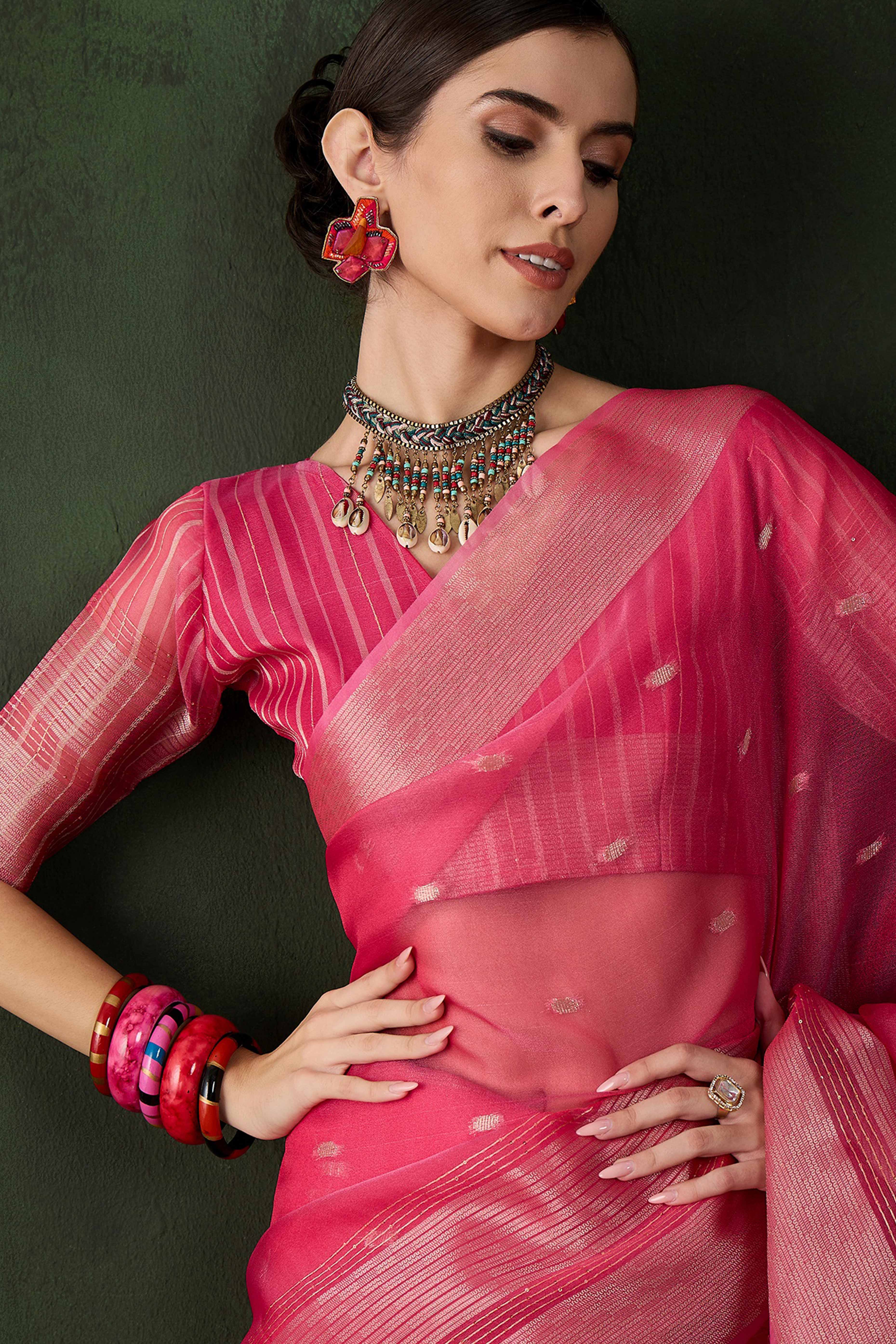 Pink Woven Khadi Organza Saree Embellished With Shimmering Sequins Work