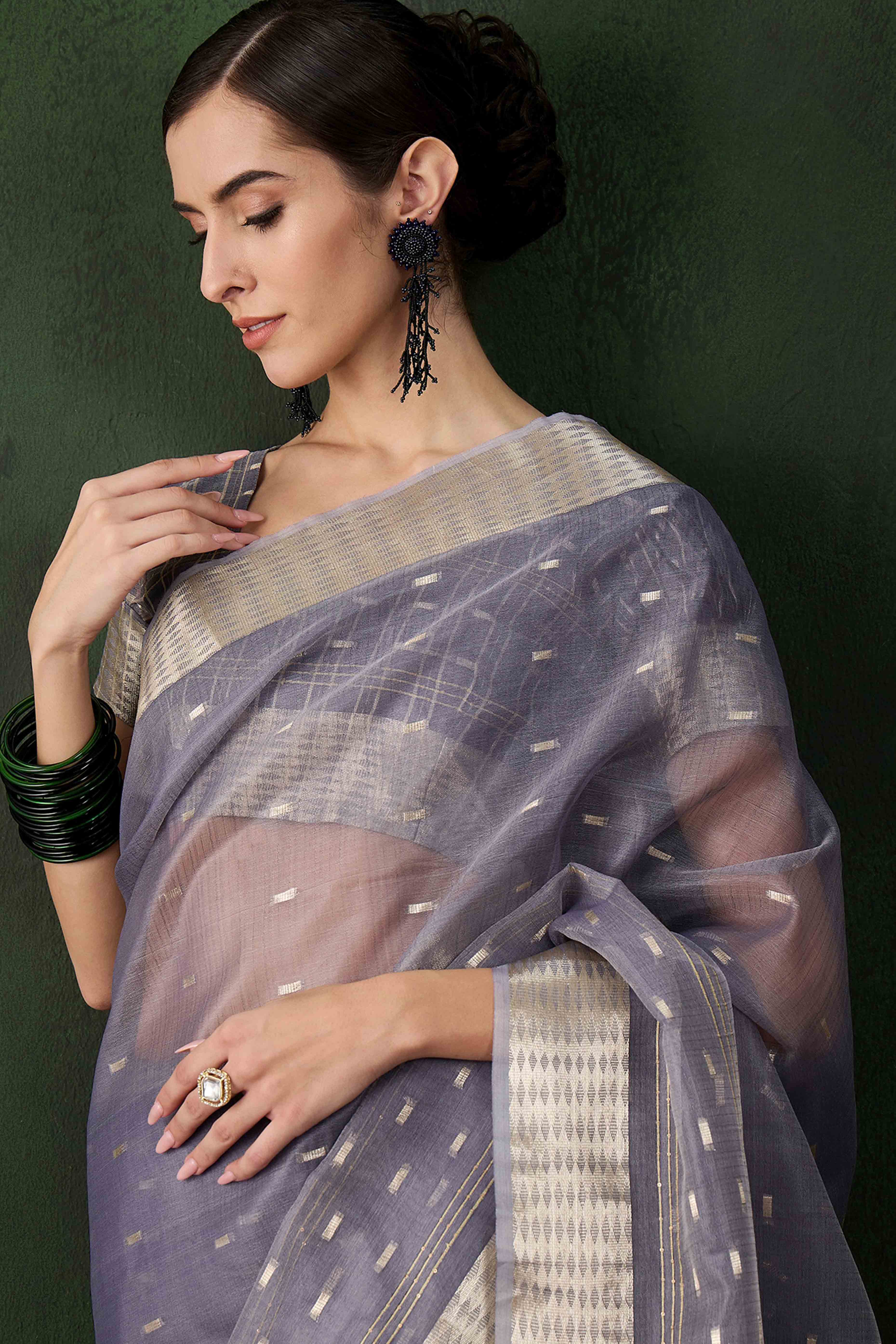 Grey Saree With Fine Zari Weaving on Khadi Organza and Tassel Detailing Pallu