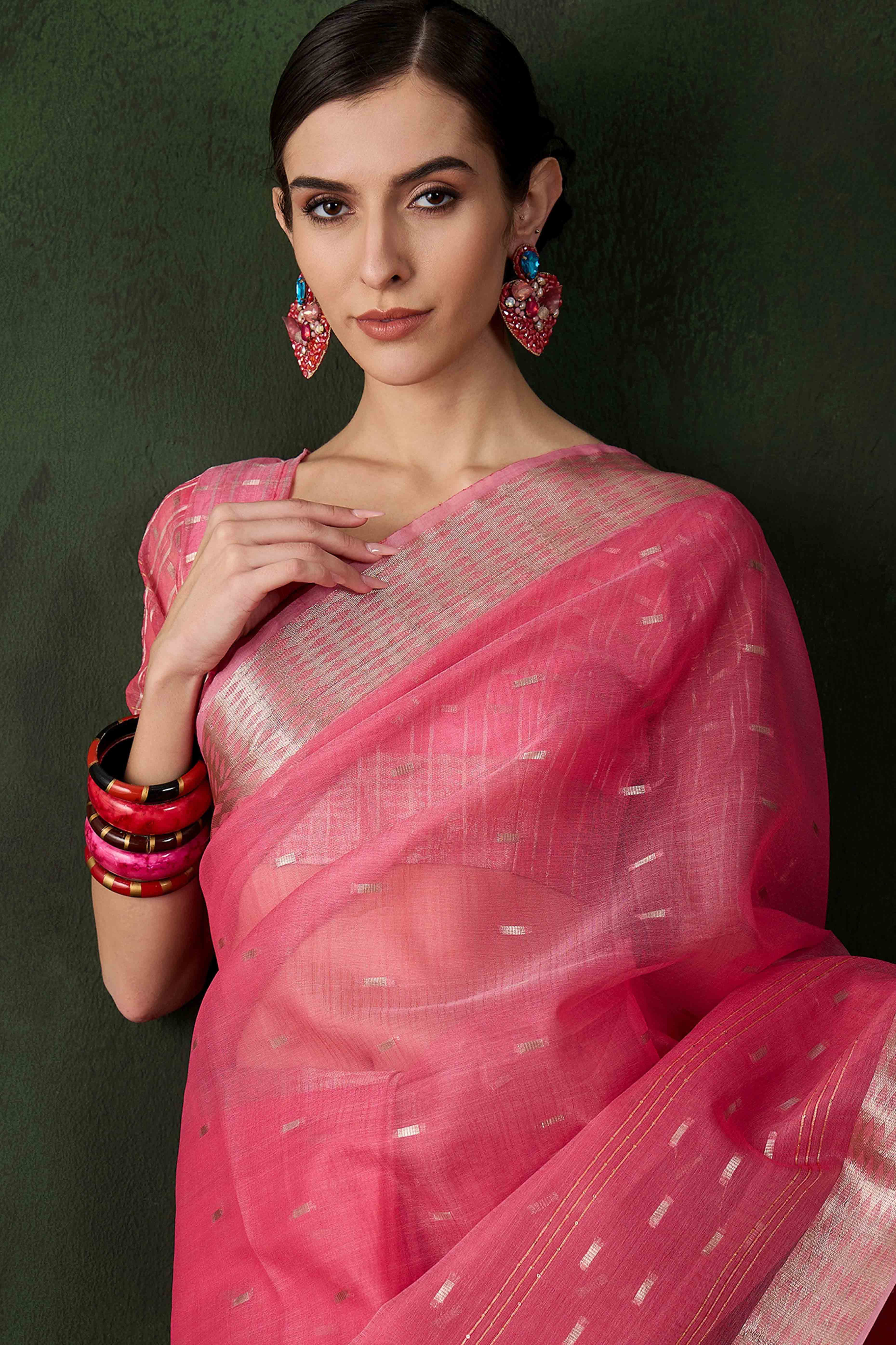 Pink Saree With Fine Zari Weaving on Khadi Organza and Tassel Detailing Pallu