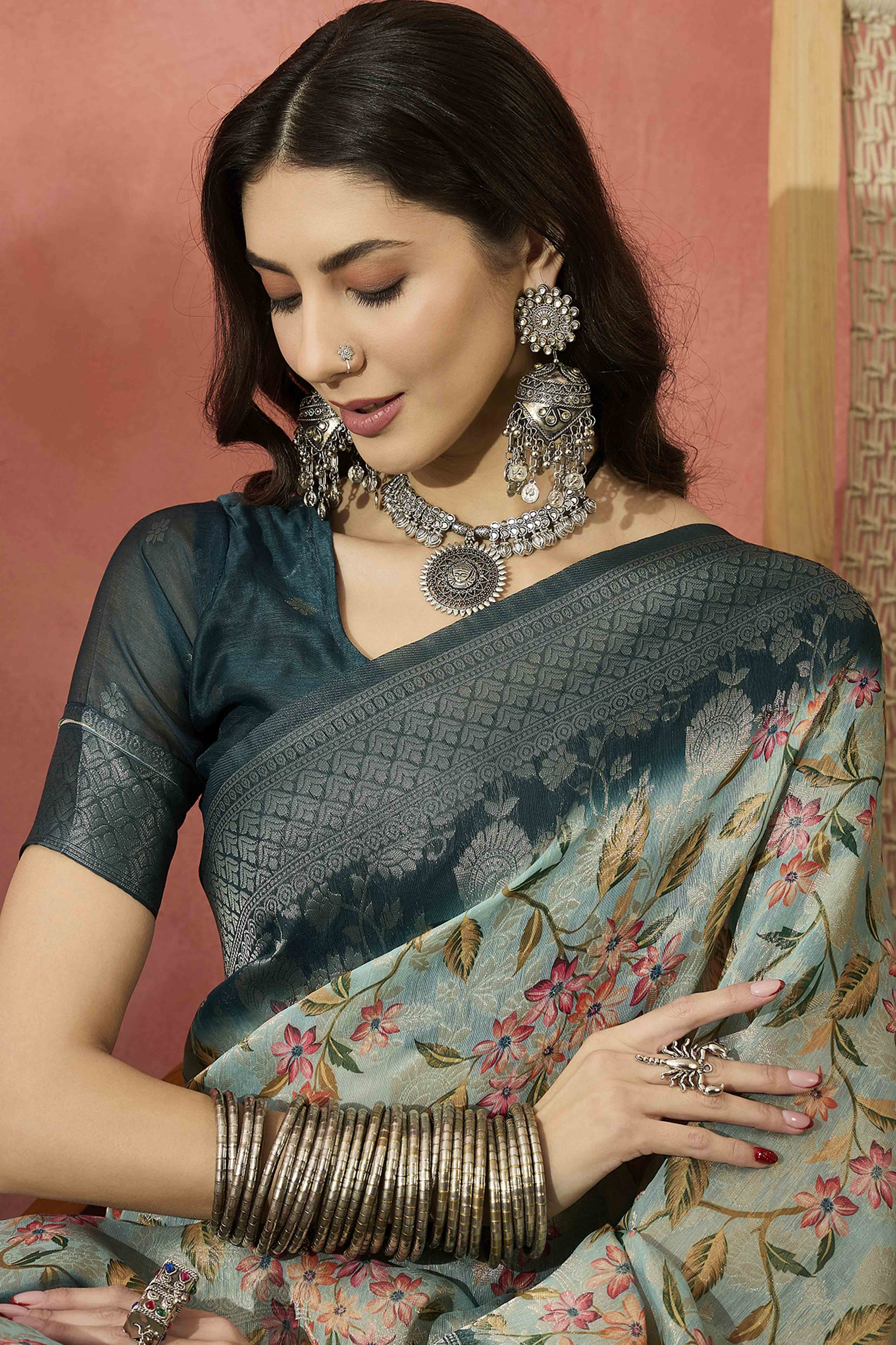Turquoise Saree In Poly Cotton Featuring Intricate Floral Zari Weaving & Tassel Accents