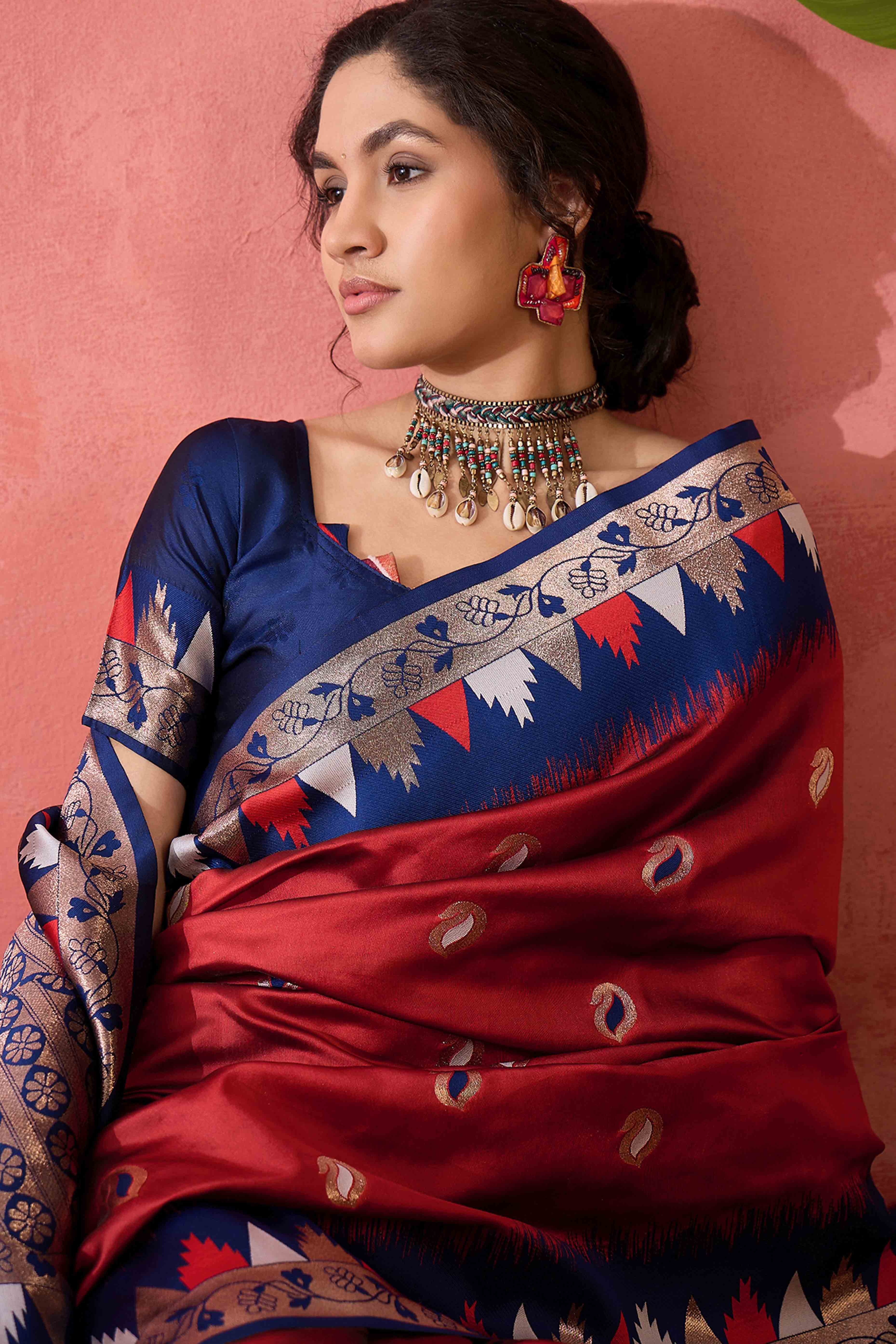 Maroon Zari Woven Poly Silk Saree Enhanced With Graceful Tassel Detailing