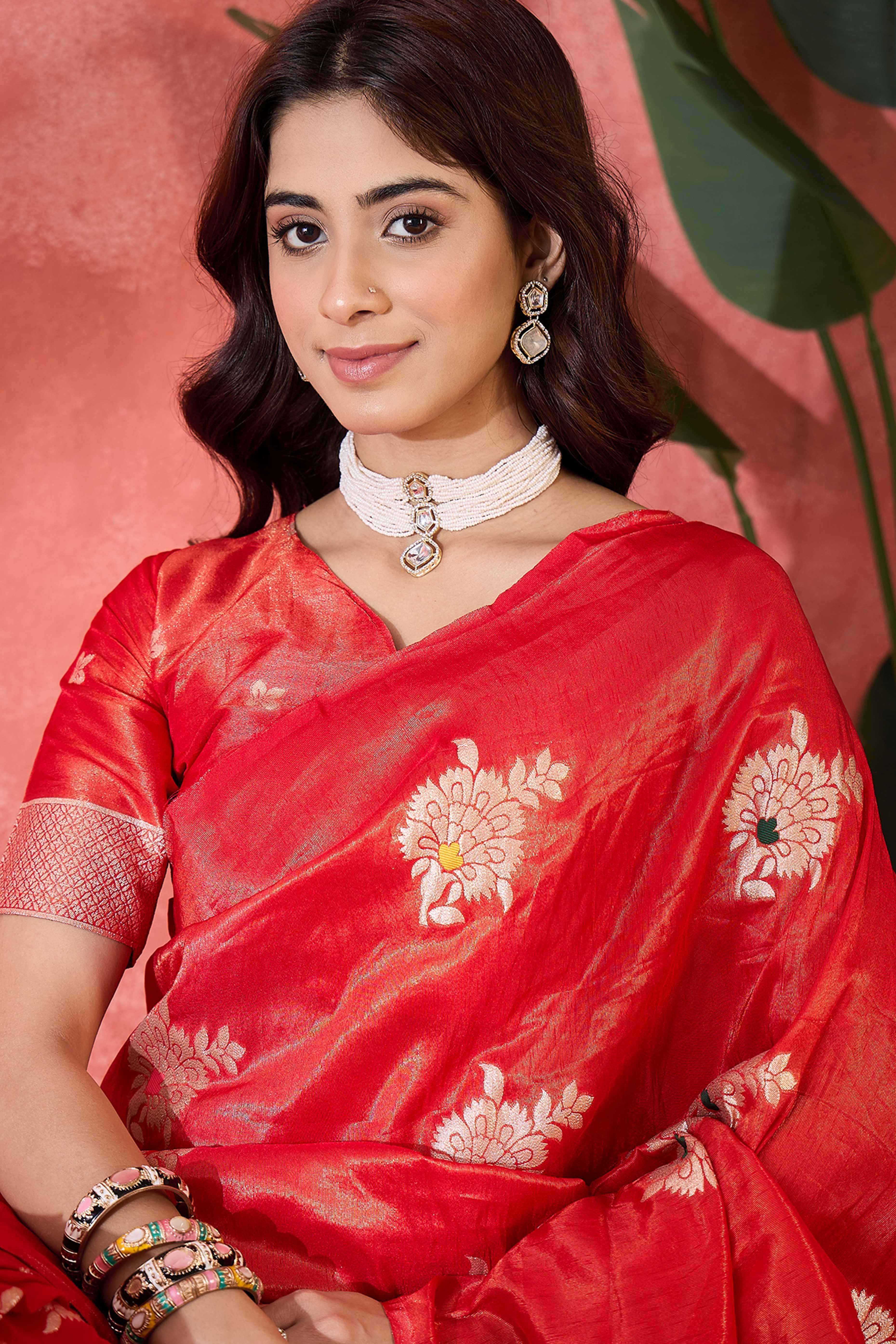 Cherry Red Shimmer Saree Featuring Intricate Floral Zari Weaving & Tassel Finish