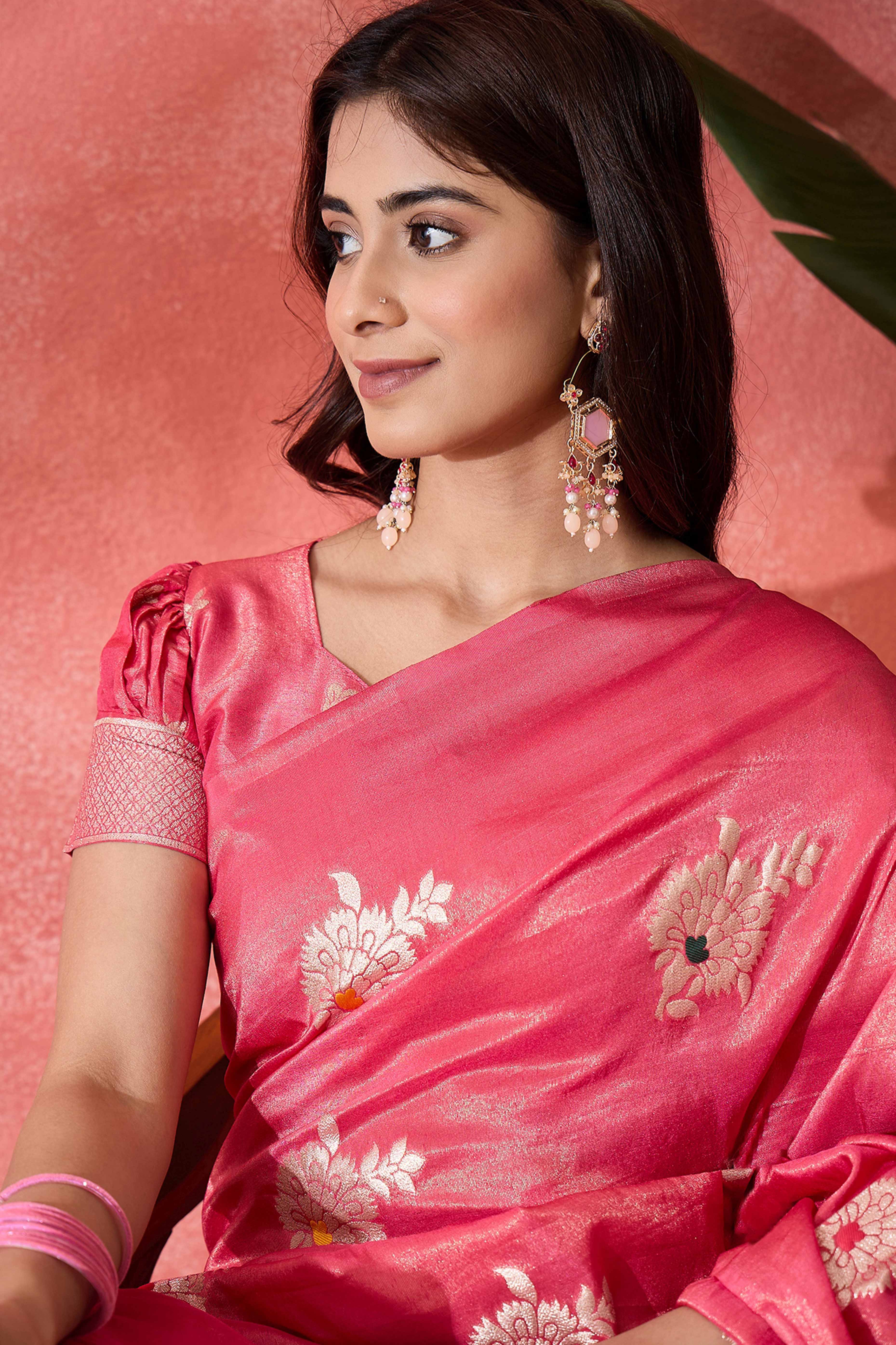 Pink Shimmer Saree Featuring Intricate Floral Zari Weaving & Tassel Finish