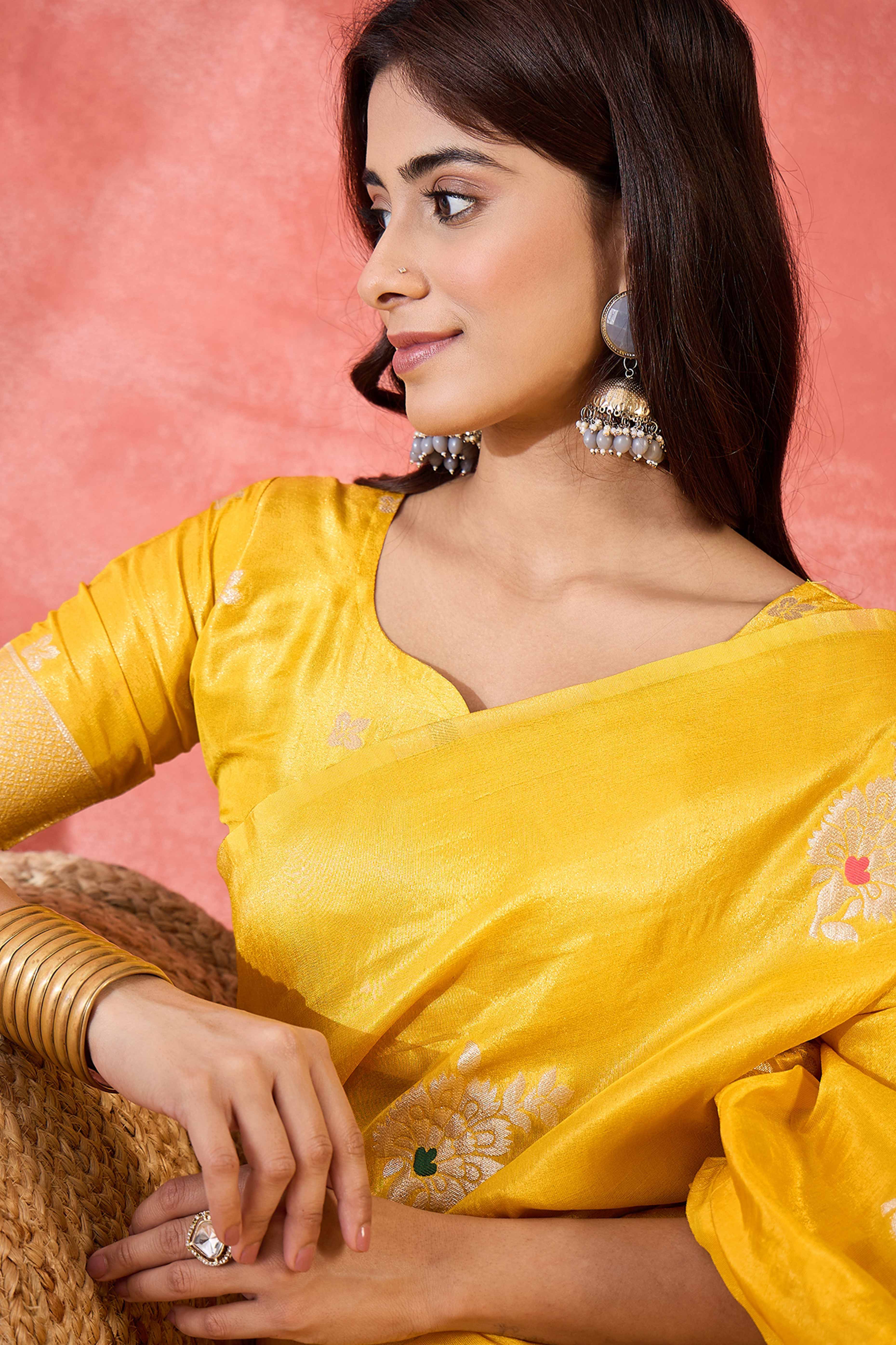 Yellow Shimmer Saree Featuring Intricate Floral Zari Weaving & Tassel Finish