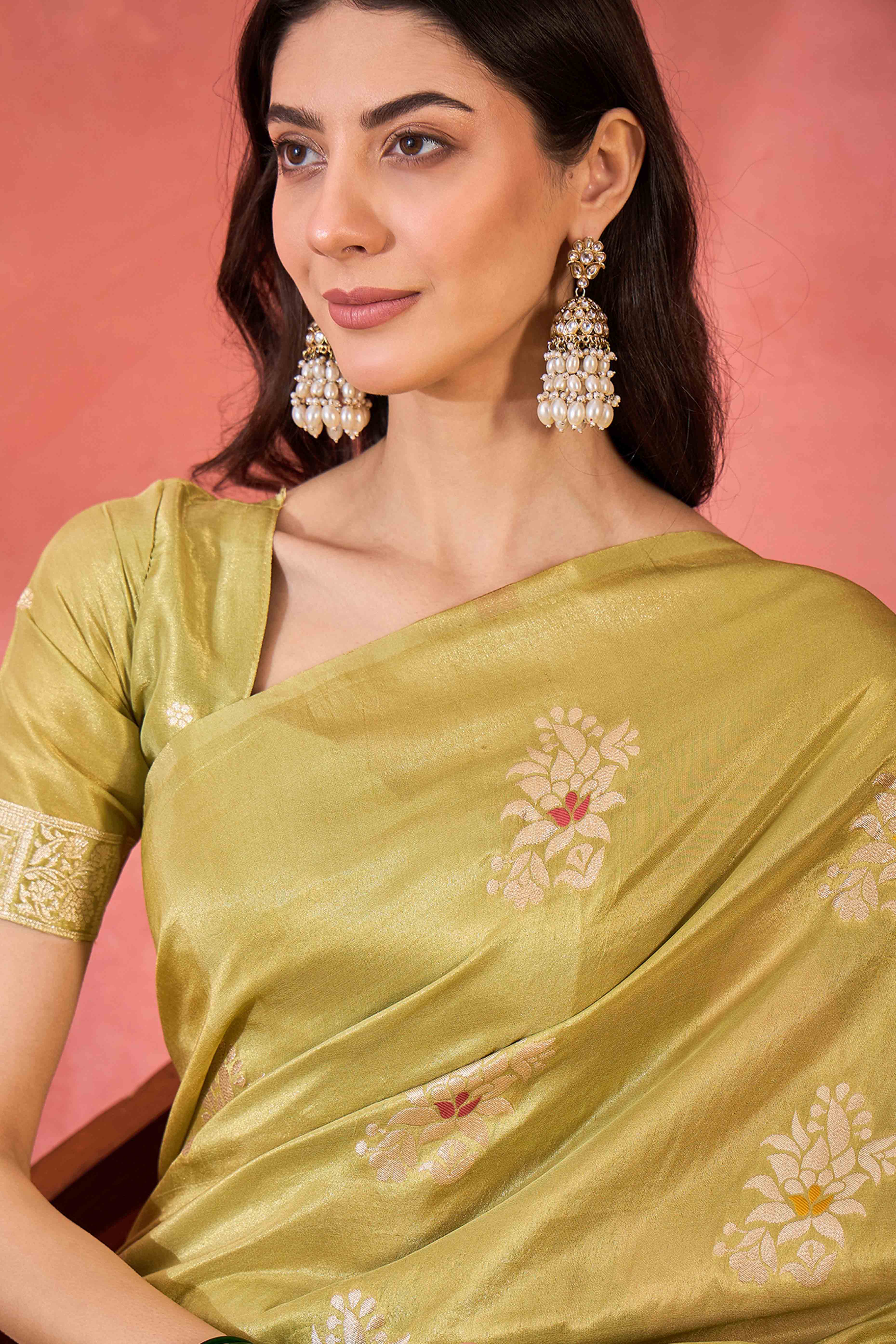 Lime Yellow Shimmer Saree Showcasing Floral Zari Weaving & A Tasselled Pallu