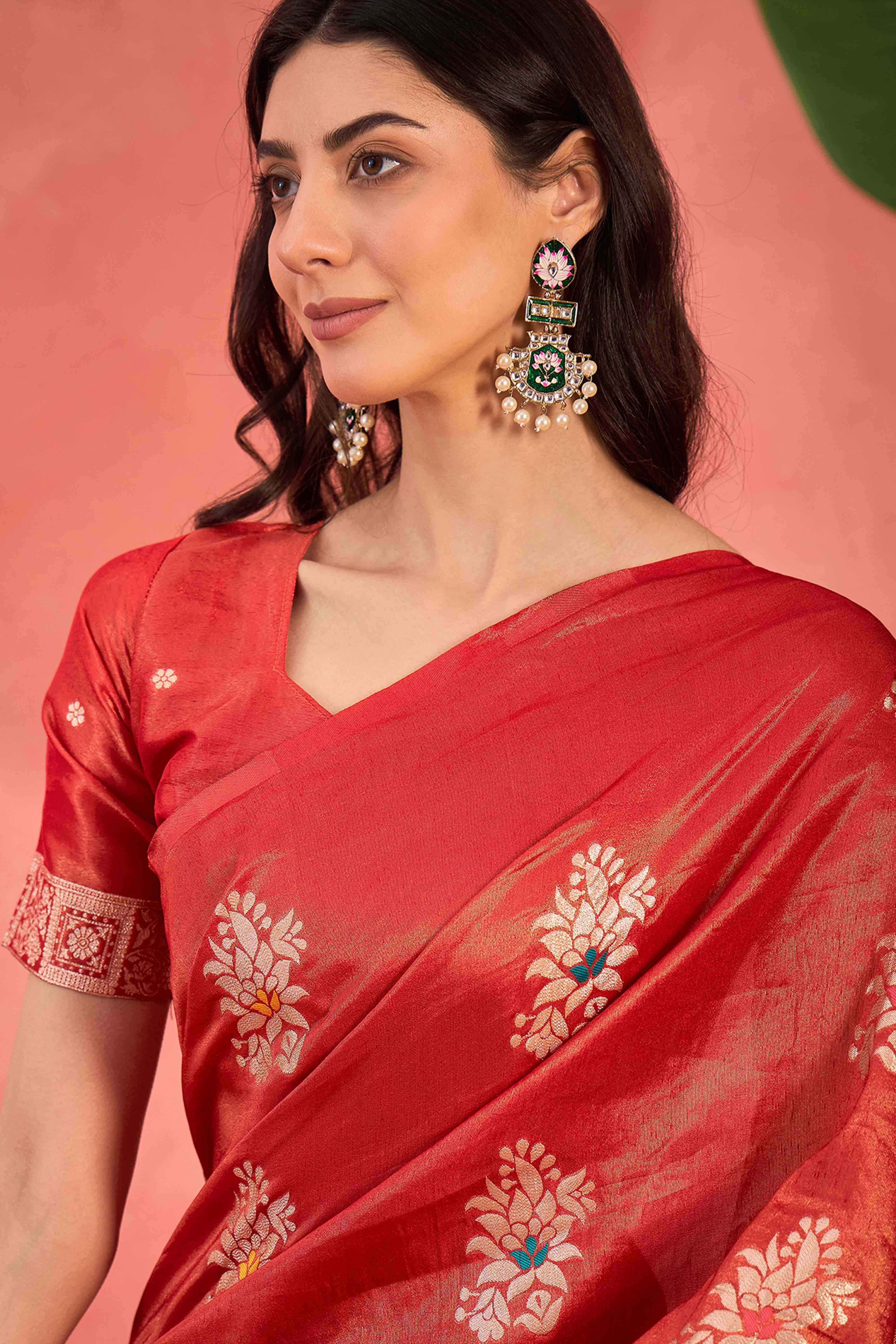 Red Shimmer Saree Showcasing Floral Zari Weaving & A Tasselled Pallu