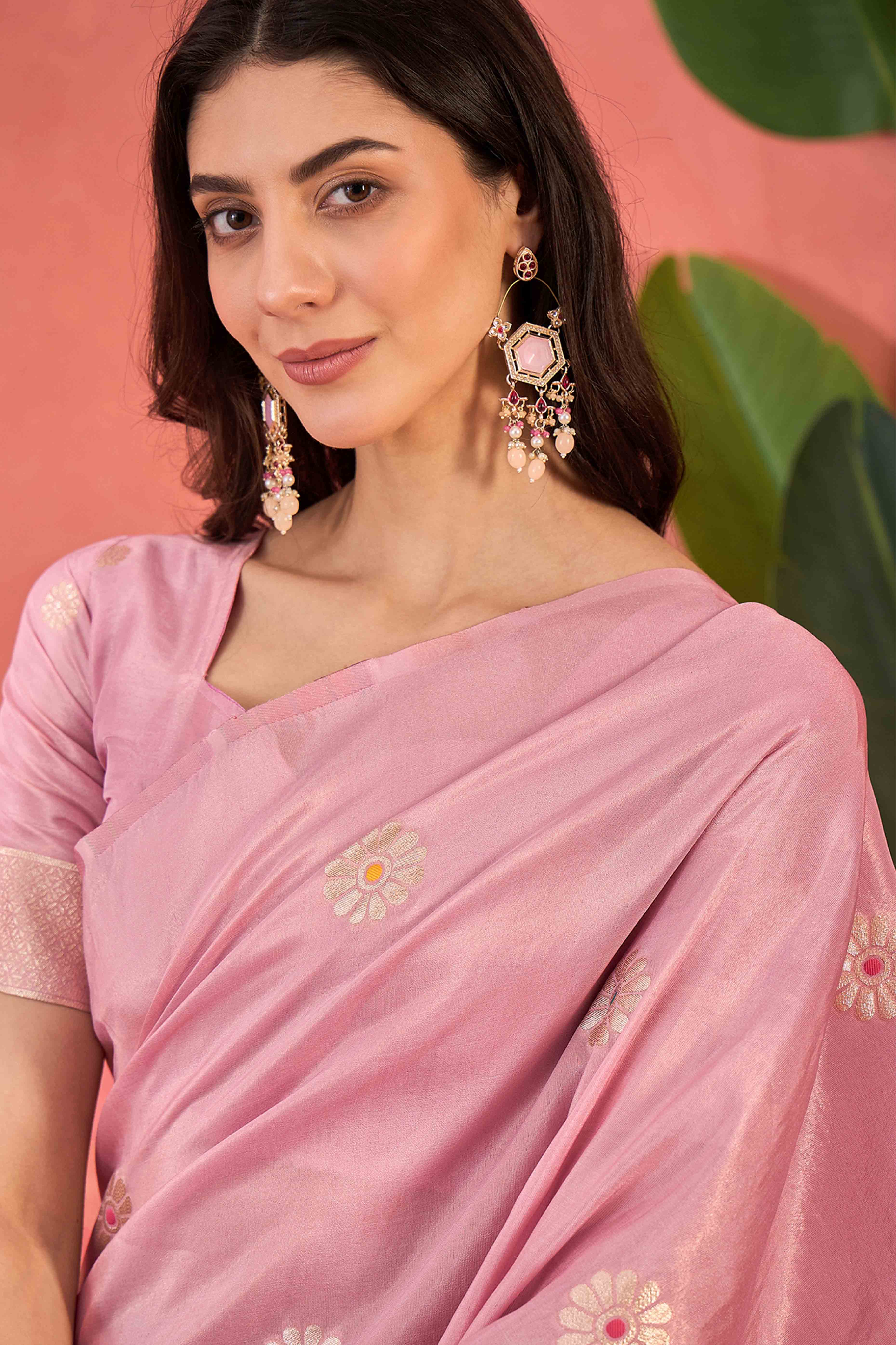 Baby Pink Shimmer Saree Adorned with Floral Zari Weaving & Tassel Pallu