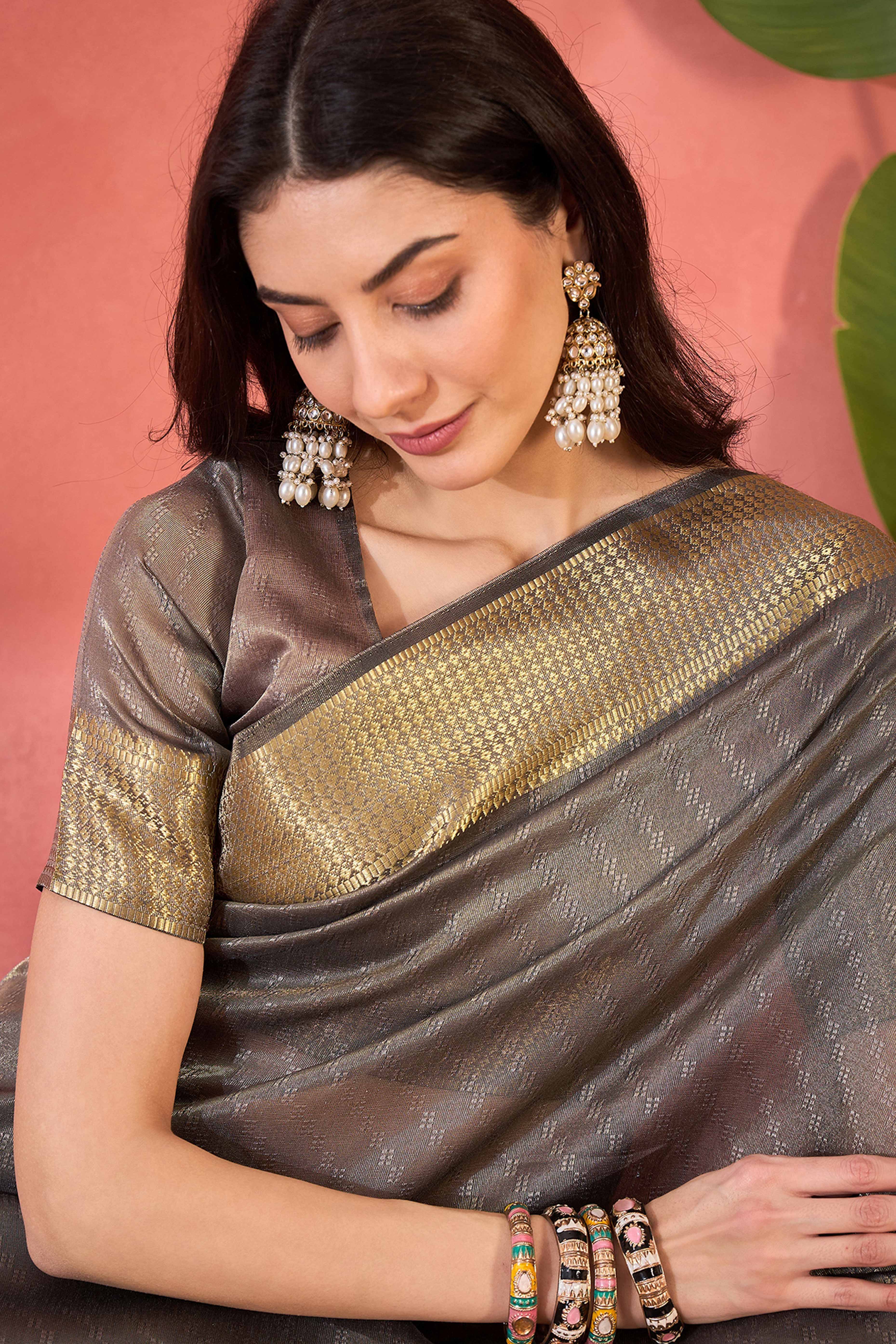 Grey Khadi Organza Saree Intricate Weaving & Sparkling Stonework With Tassel Pallu