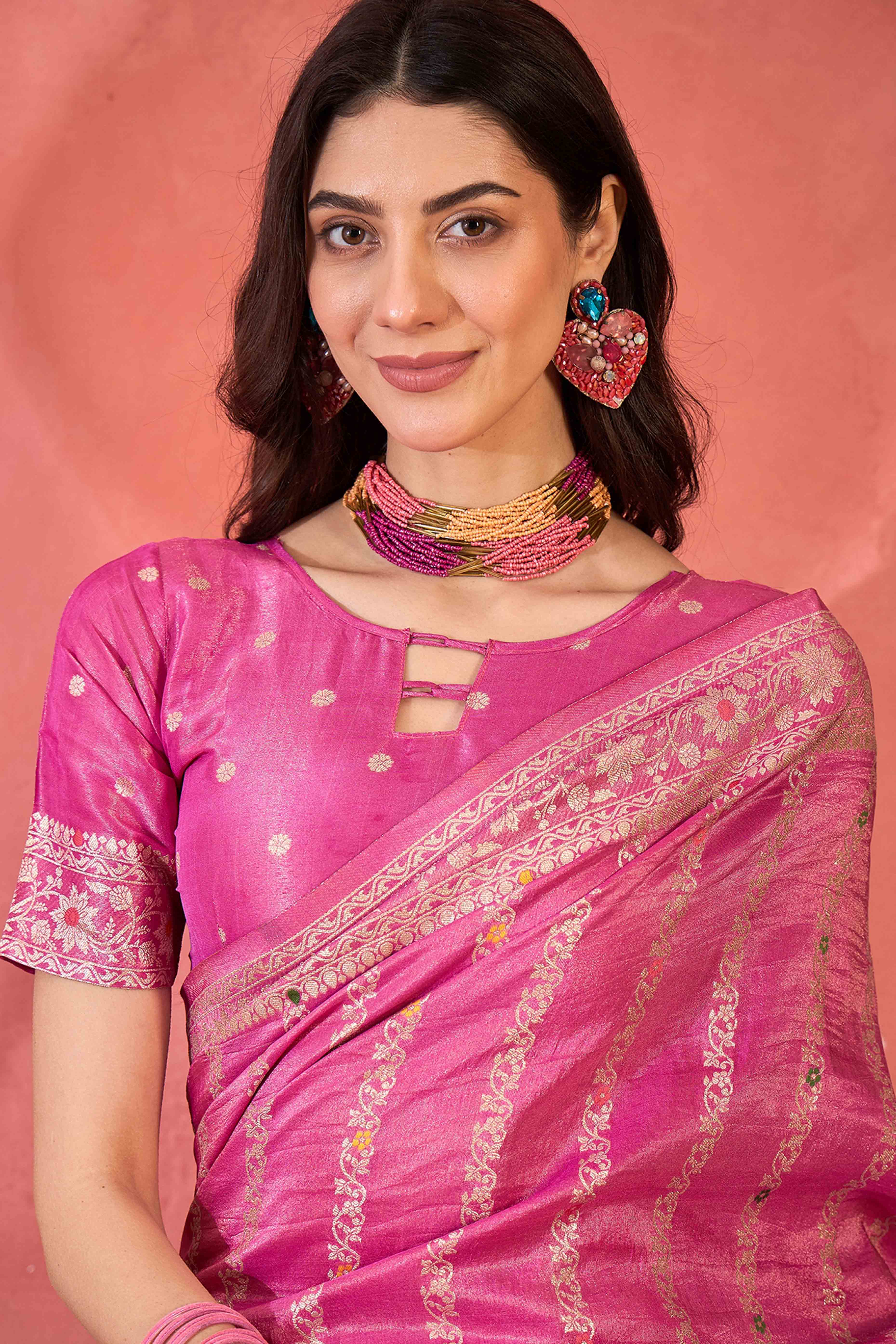 Floral Zari Woven Pink Saree In Shimmer Finish With Elegant Tassel Pallu
