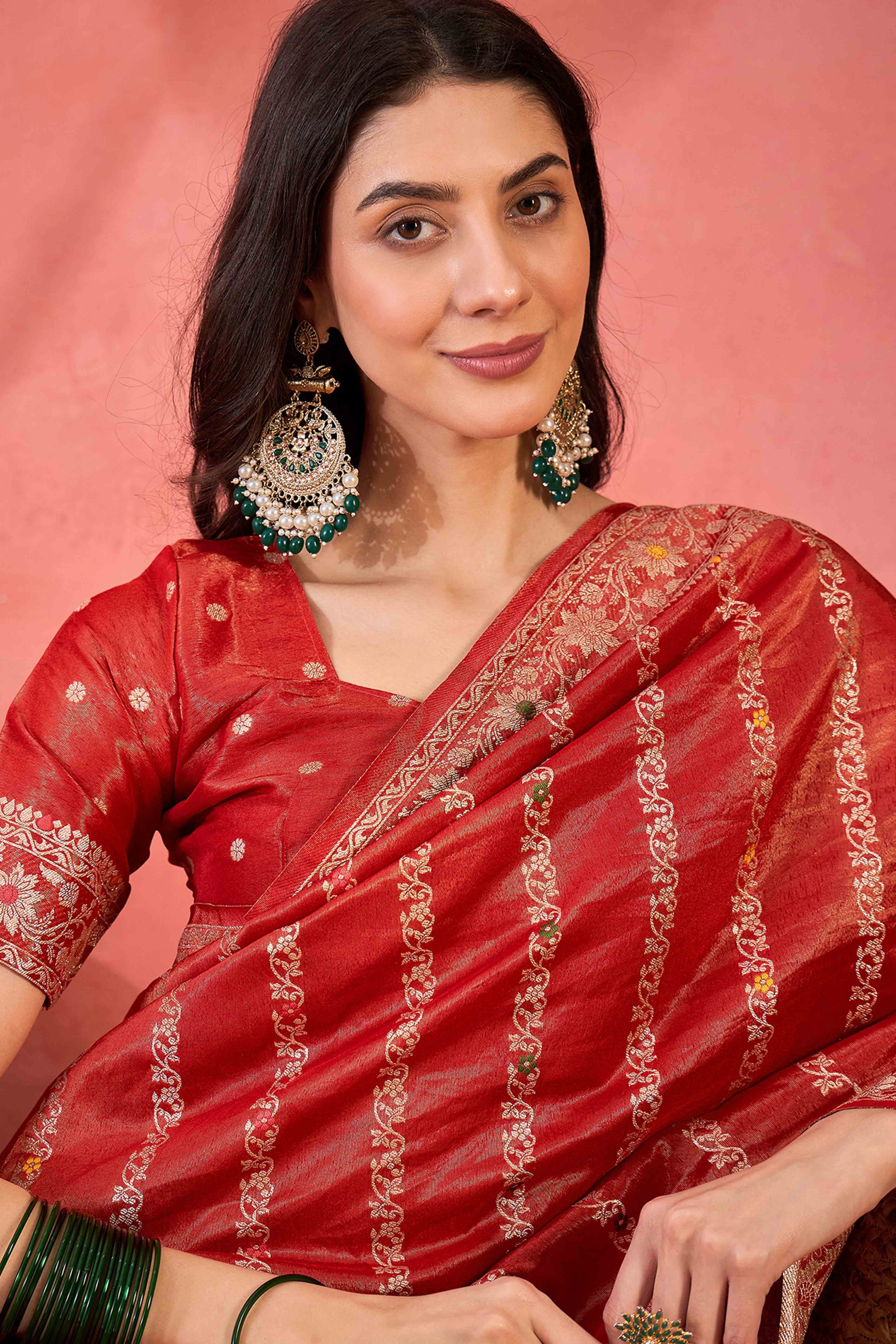 Floral Zari Woven Red Saree In Shimmer Finish With Elegant Tassel Pallu