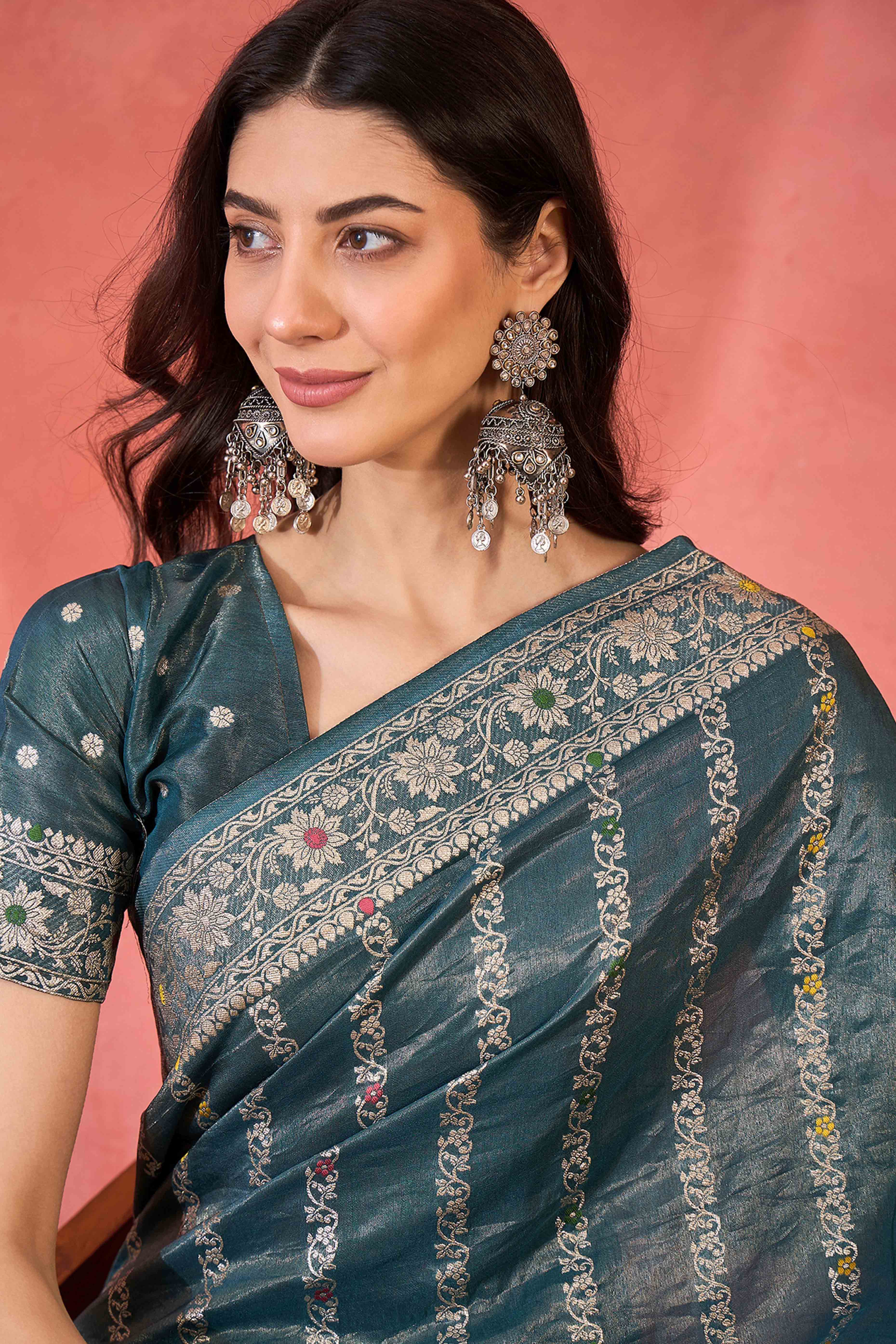 Floral Zari Woven Teal Saree In Shimmer Finish With Elegant Tassel Pallu