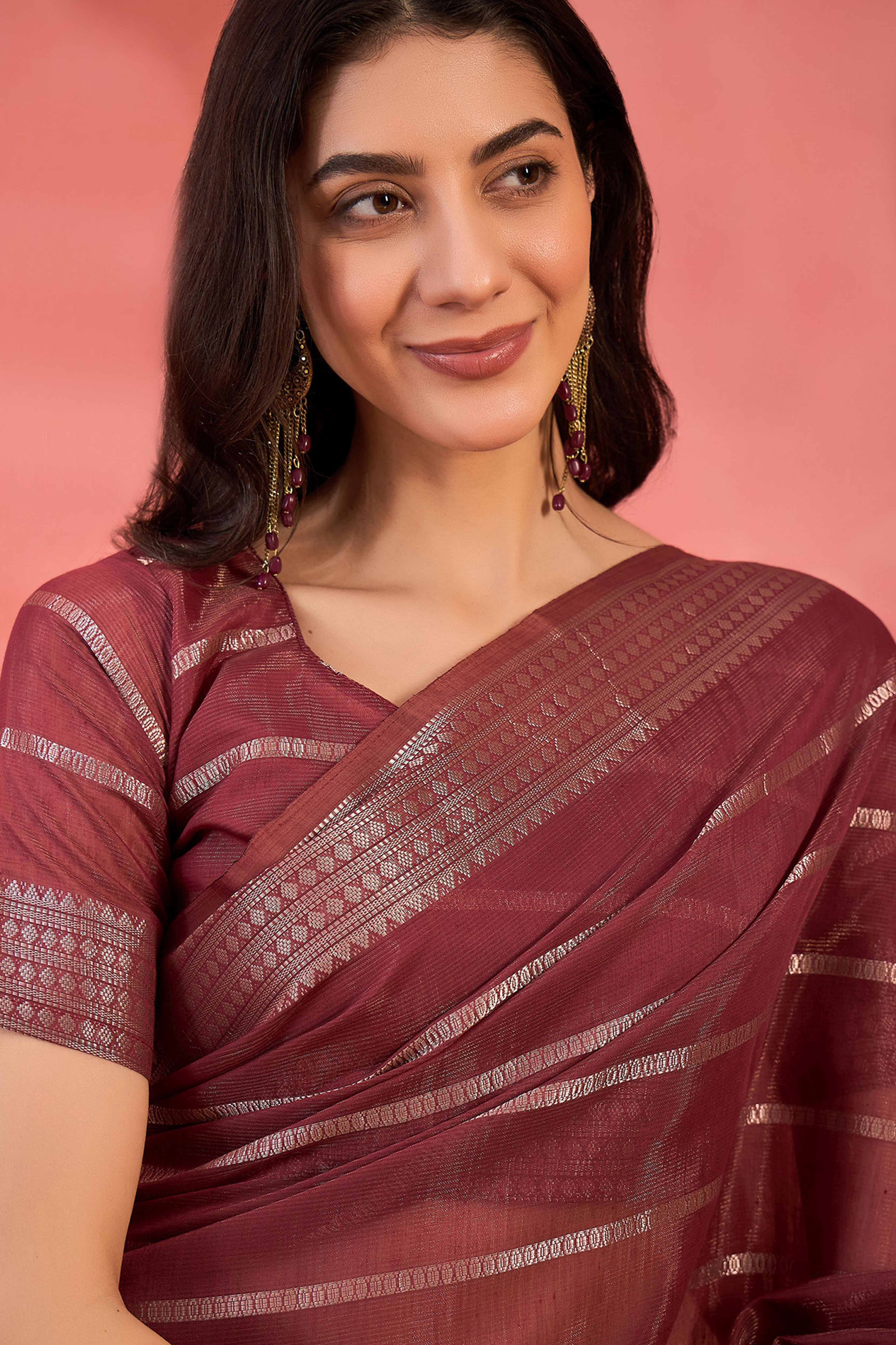 Maroon Zari Striped Khadi Organza Saree With Graceful Tassel Accents