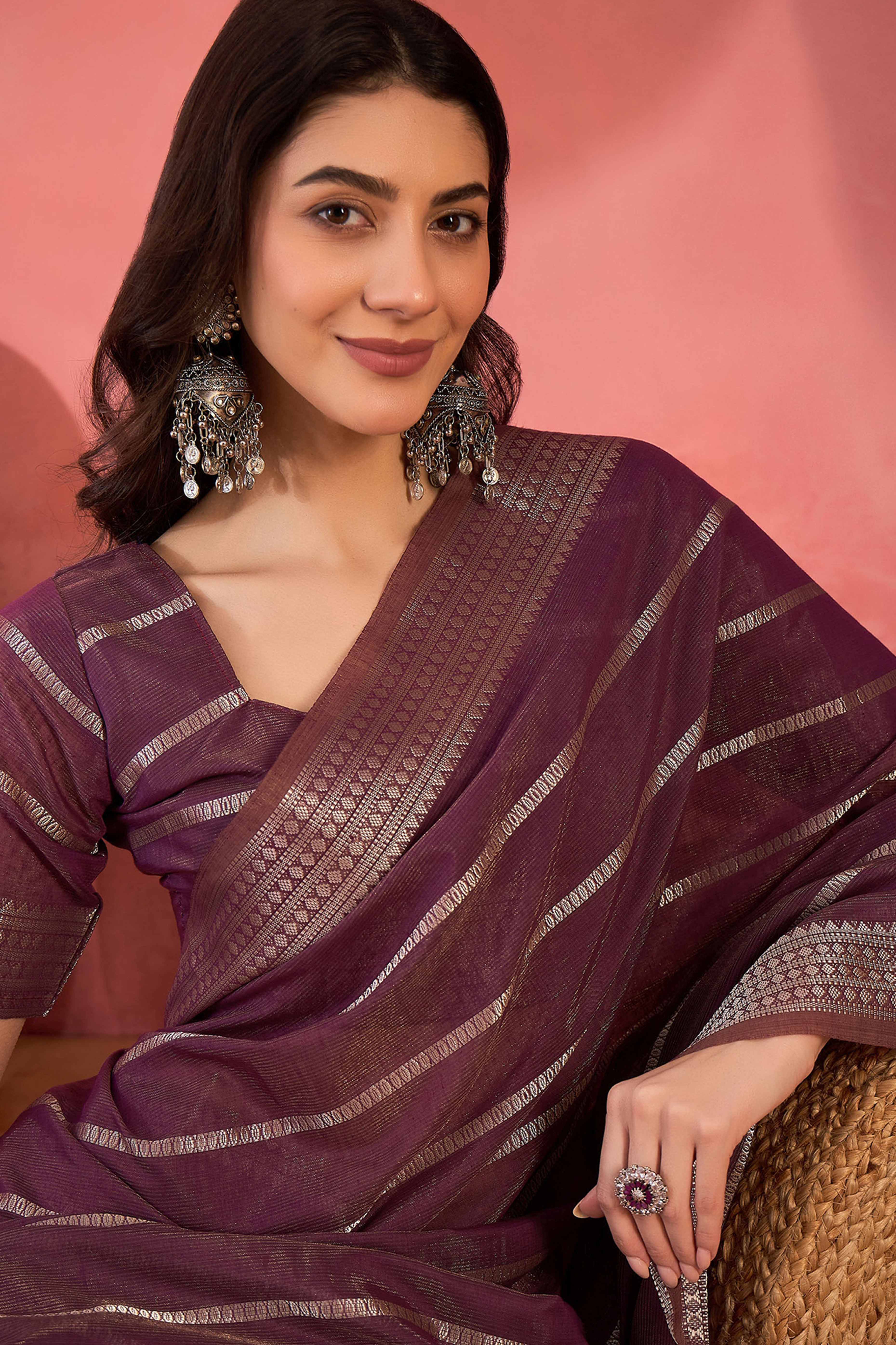 Wine Zari Striped Khadi Organza Saree With Graceful Tassel Accents