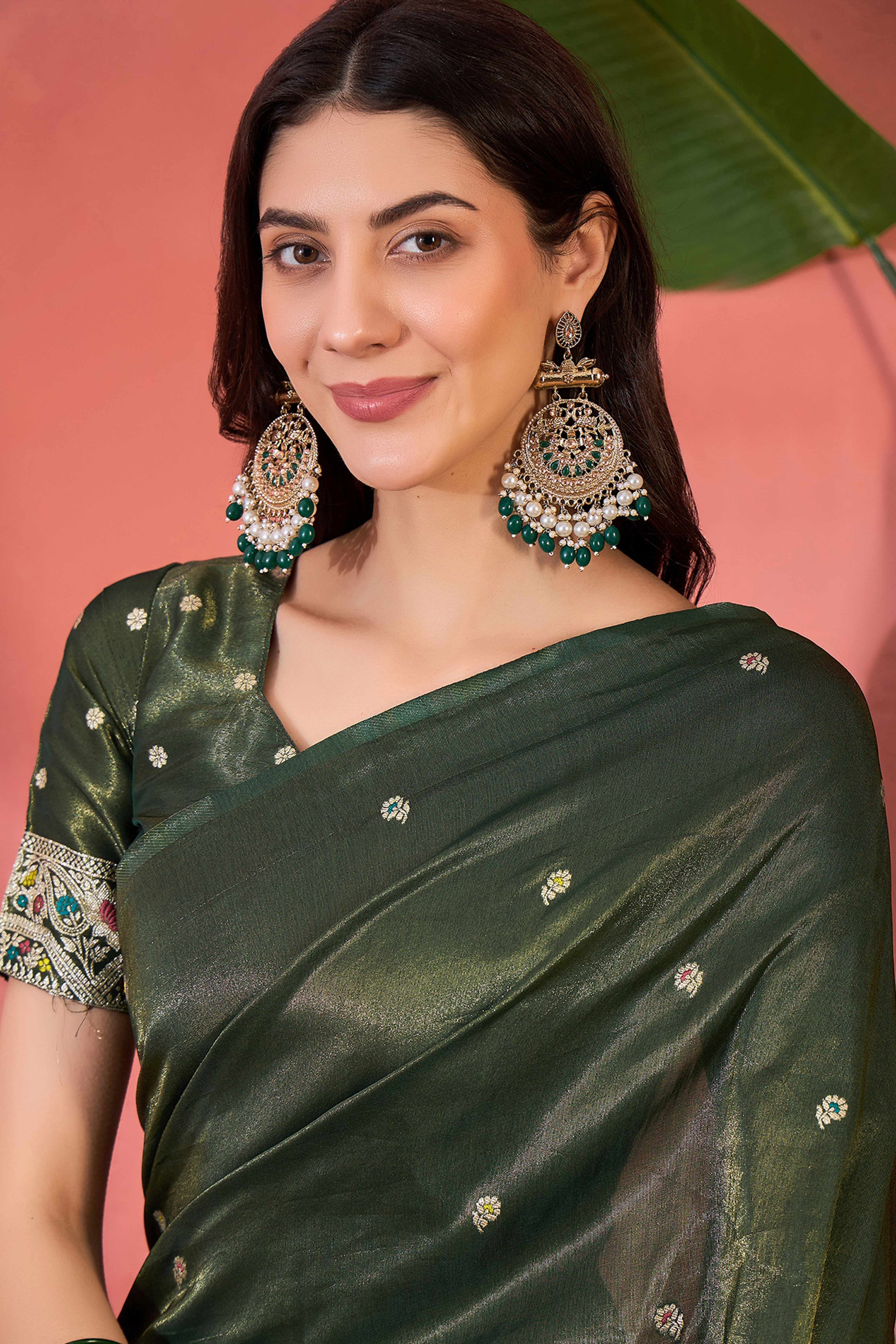 Floral Zari Woven Mehendi Green Saree In Shimmer Finish With Elegant Tassel Pallu