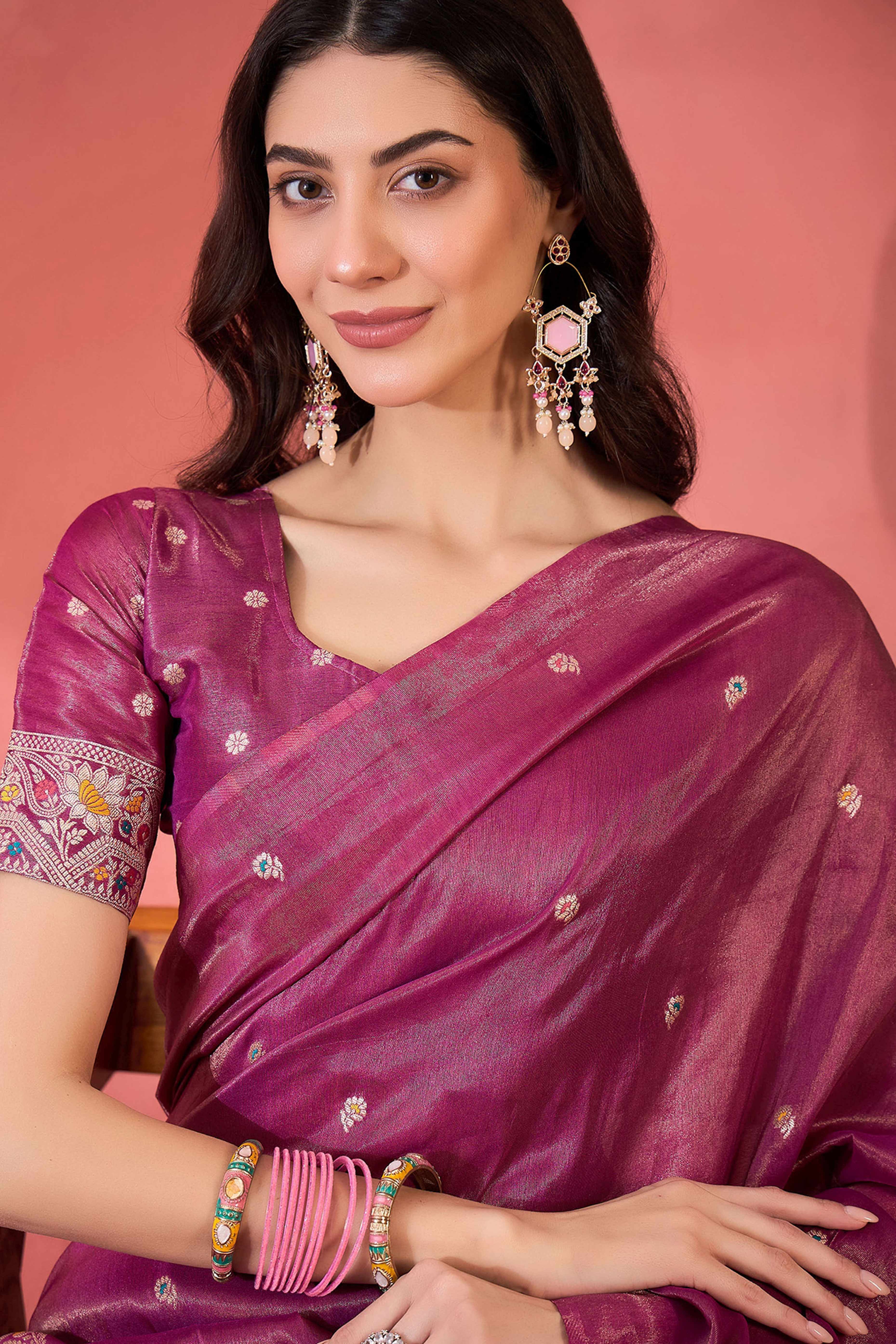Floral Zari Woven Wine Saree In Shimmer Finish With Elegant Tassel Pallu