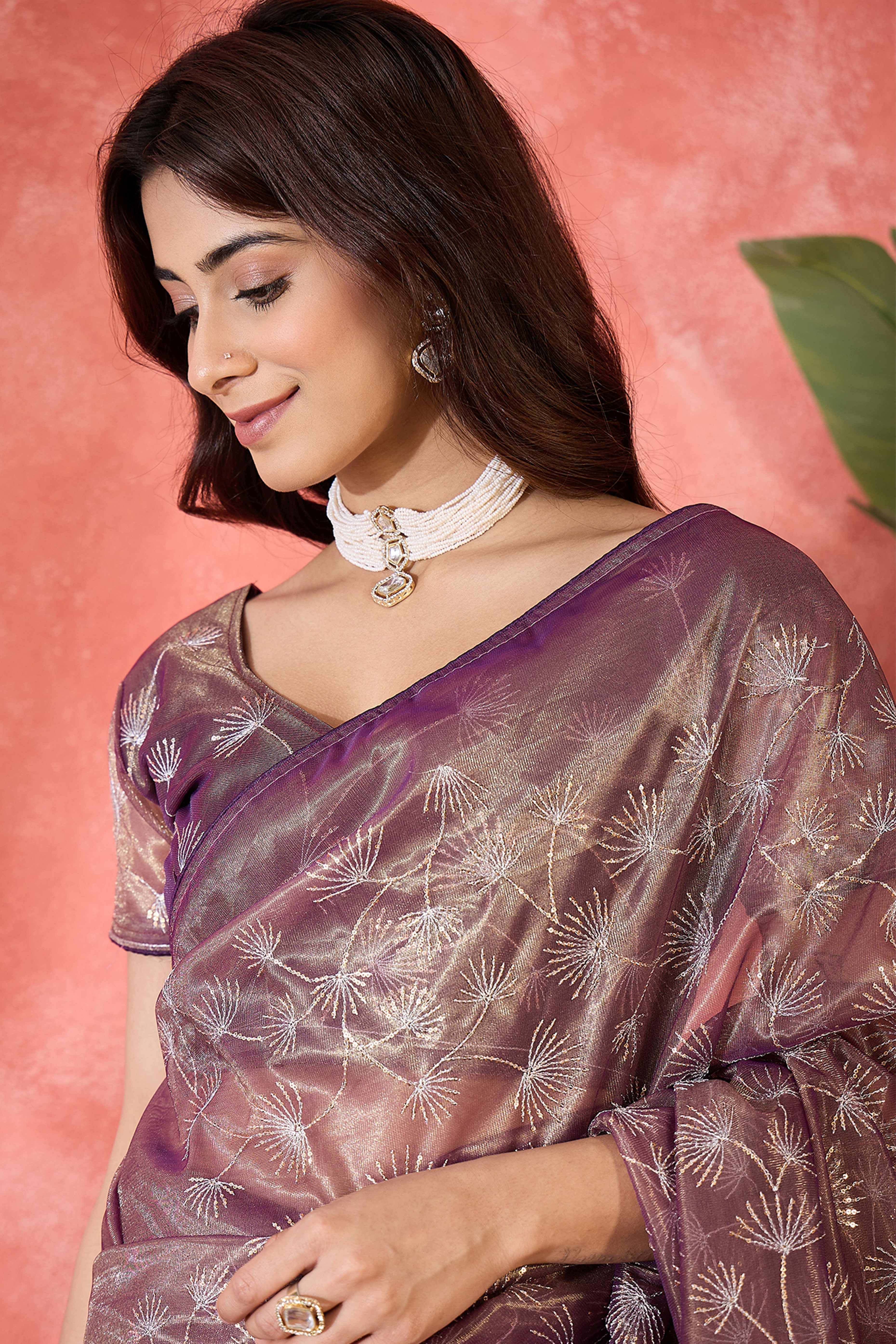 Purple Twill Net Saree With Intricate Floral Sequin Work & Flowing Tassel Pallu