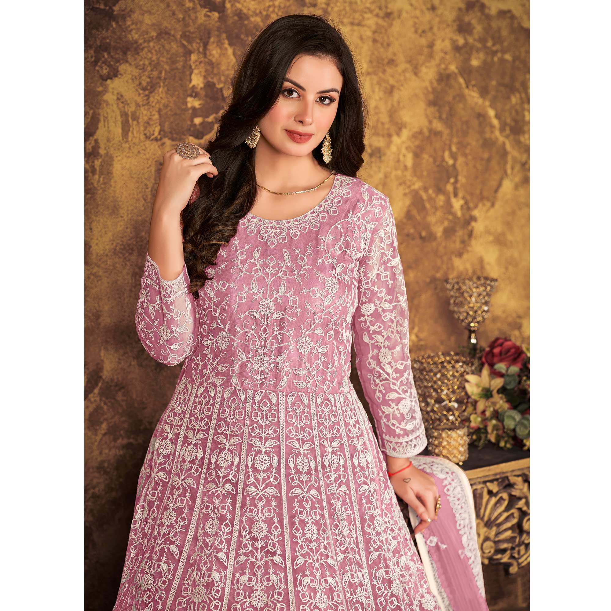 Pink Floral Embroidered Net Semi Stitched Dress Material