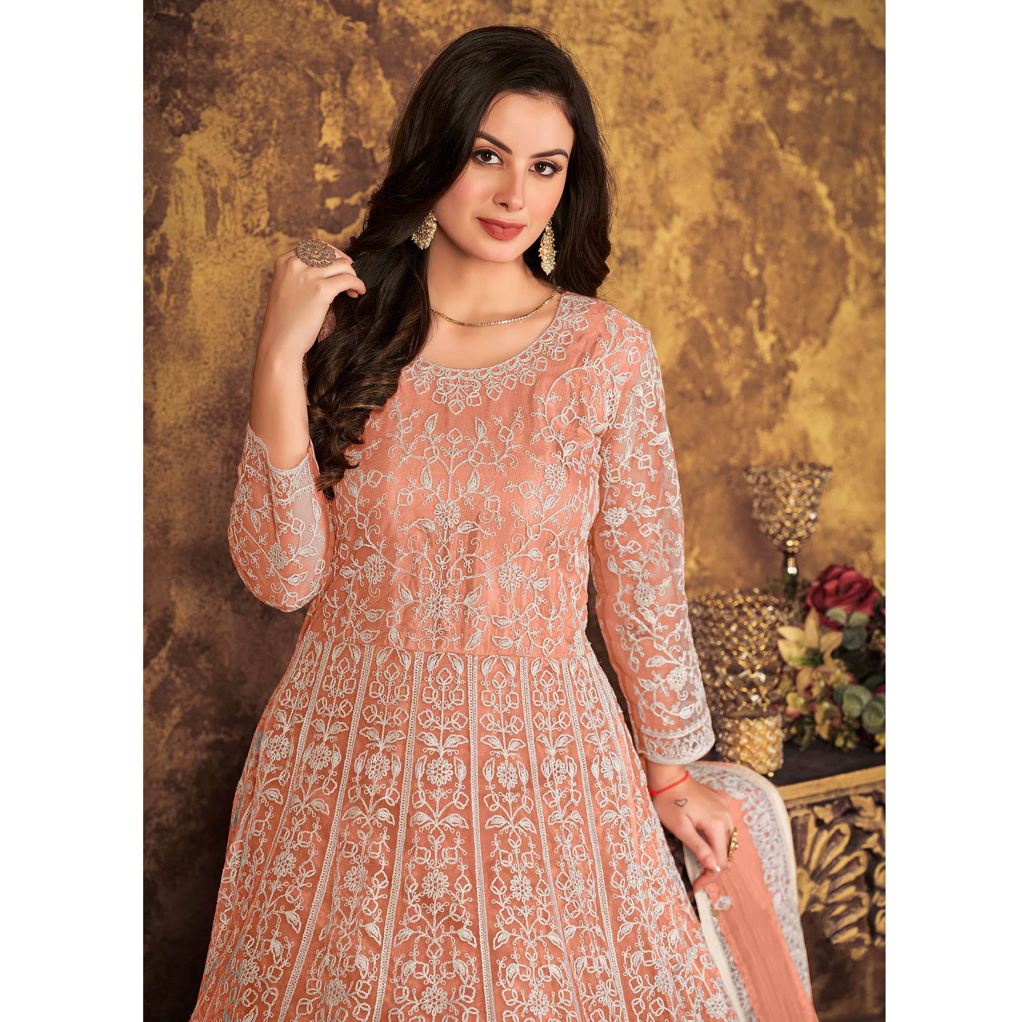 Peach Floral Embroidered Net Semi Stitched Dress Material