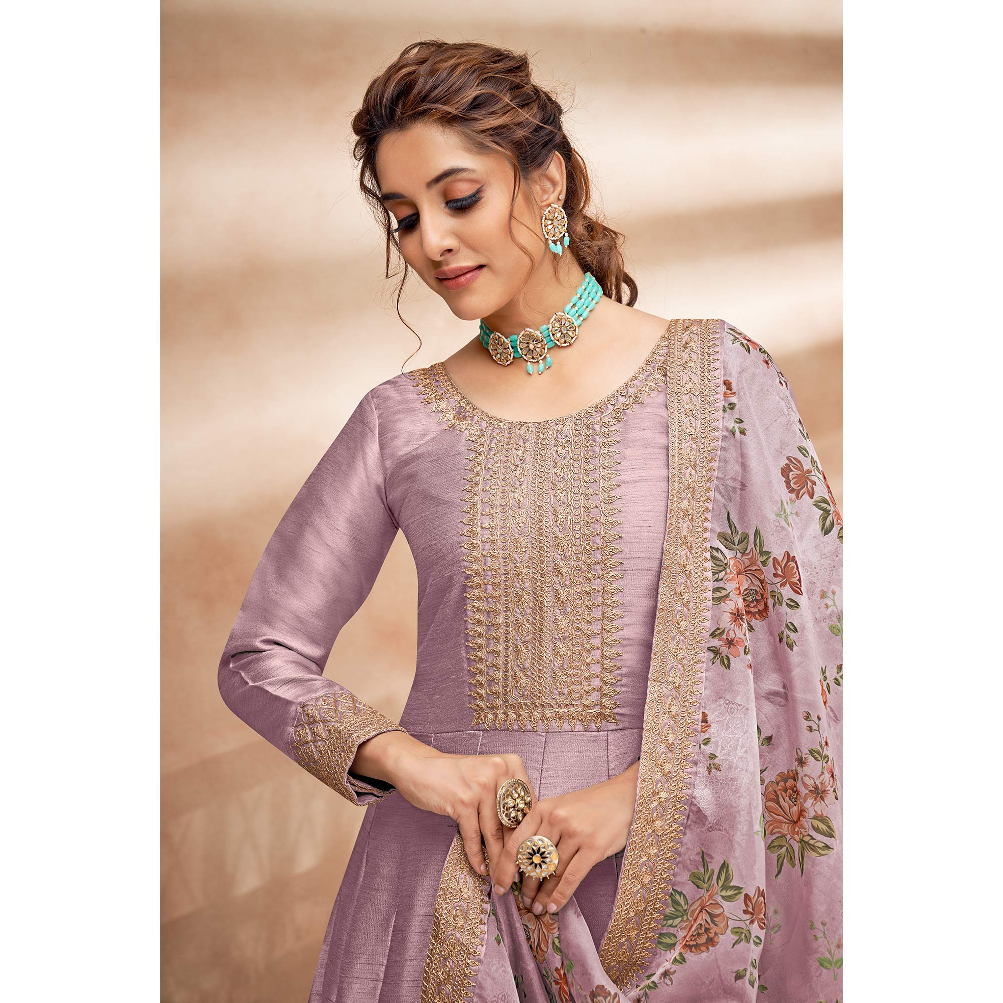 Mauve Embroidered Art Silk Semi Stitched Anarkali Suit