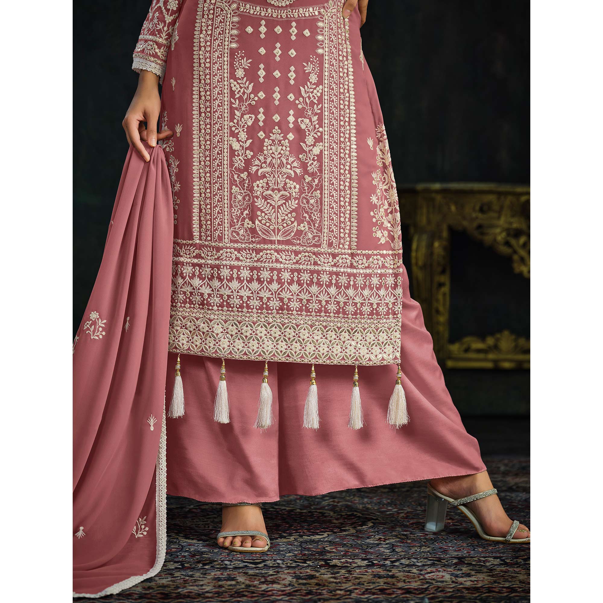 Pink Floral Embroidered Georgette Semi Stitched Palazzo Suit