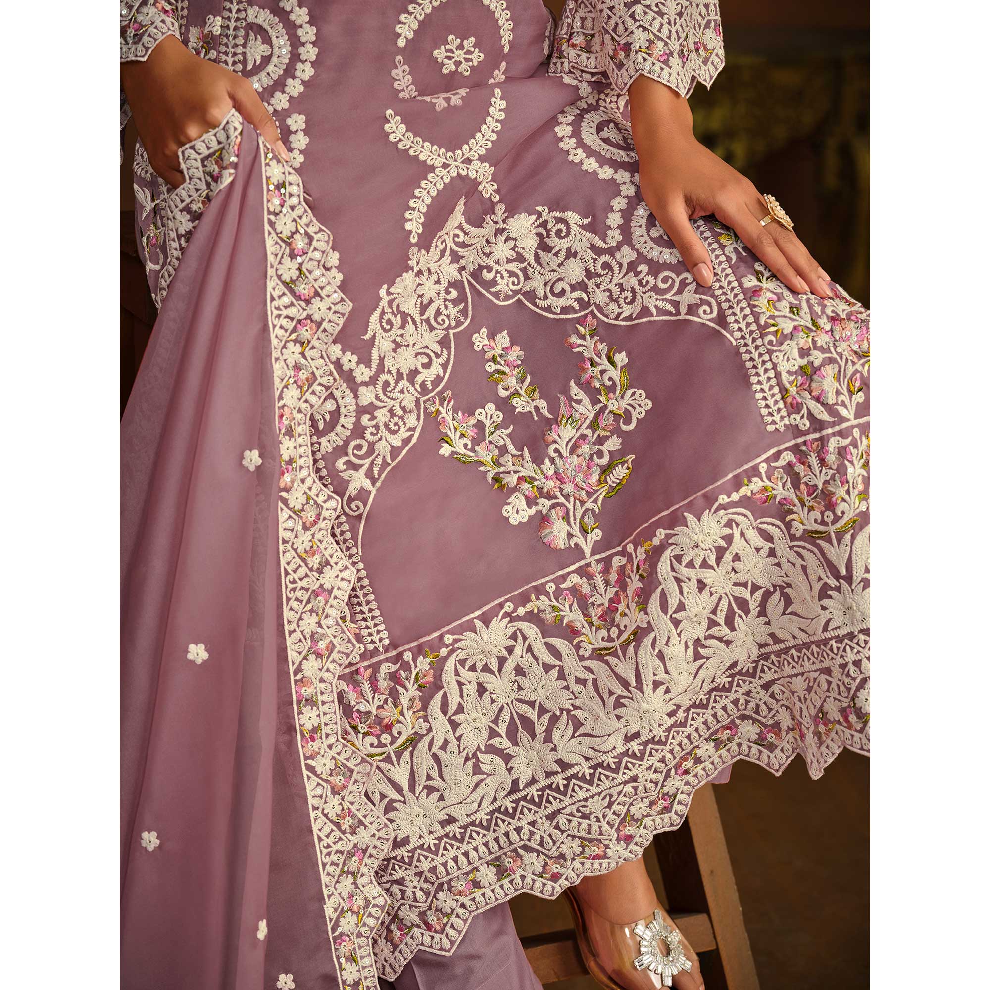 Mauve Floral Embroidered Soft Organza Semi Stithed Suit