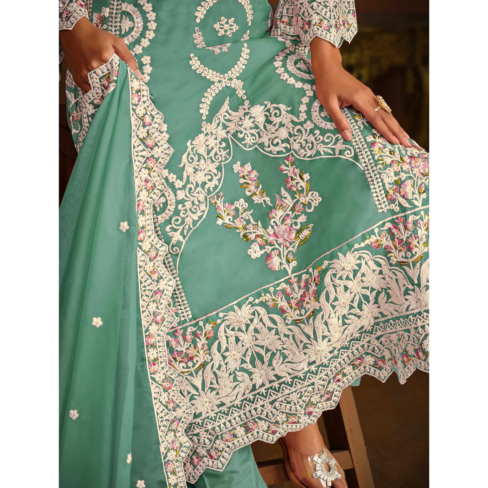 Sea Green Floral Embroidered Soft Organza Semi Stithed Suit
