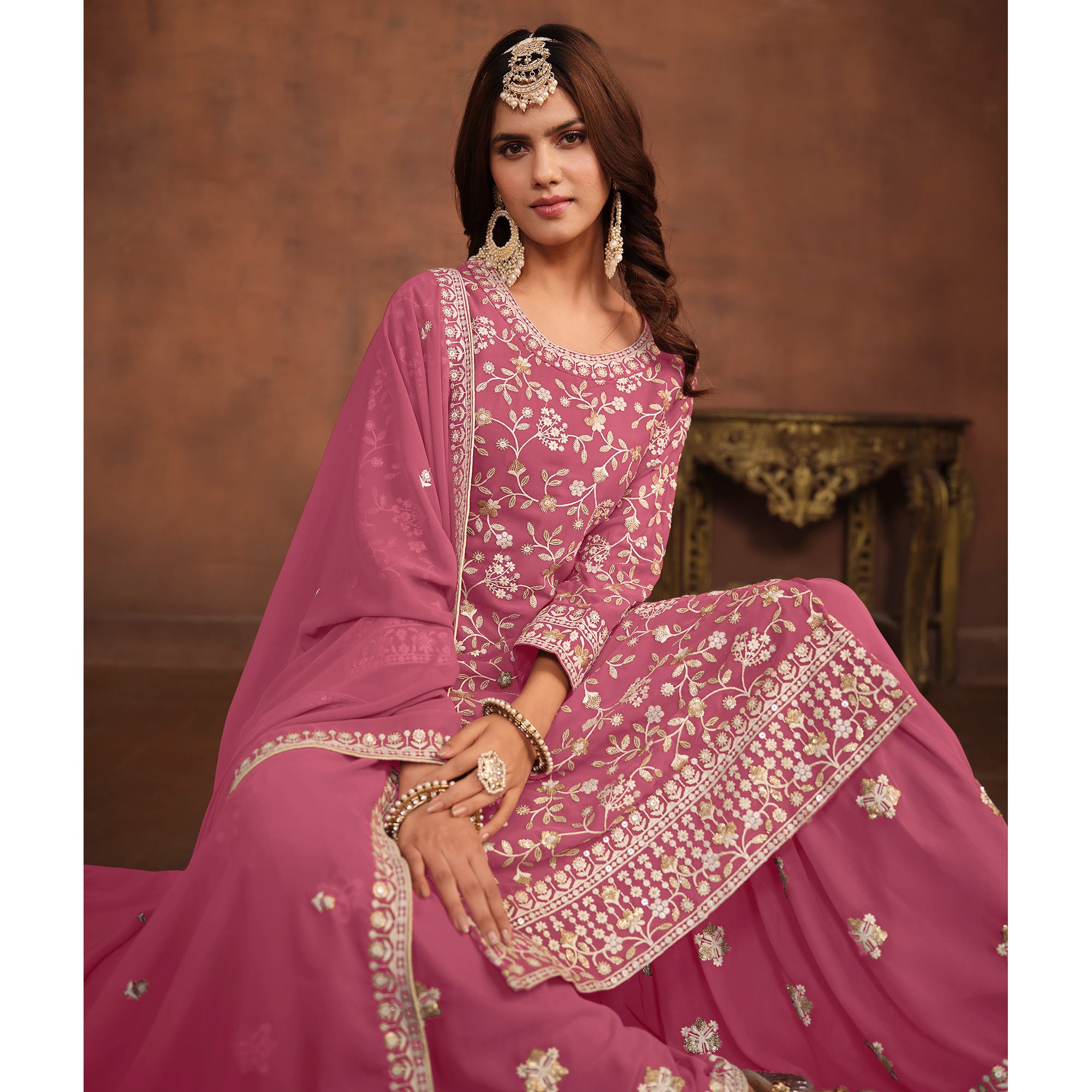 Pink Floral Embroidered Georgette Semi Stithed Suit
