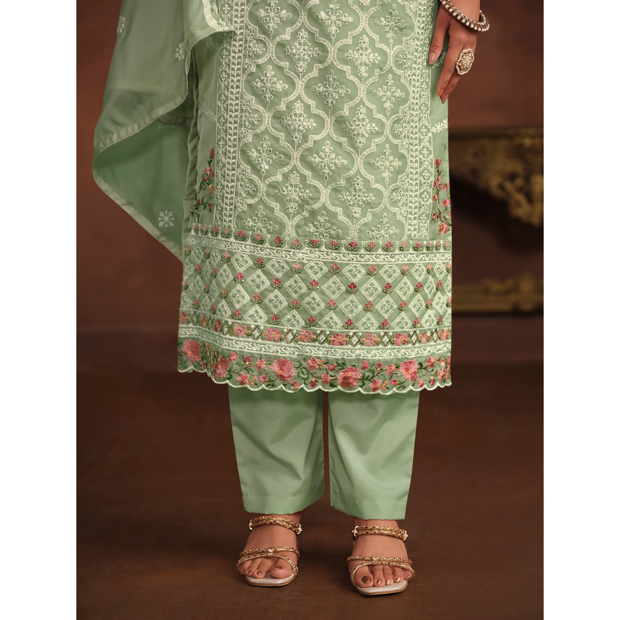 Green Floral Embroidered Organza Semi Stitched Suit