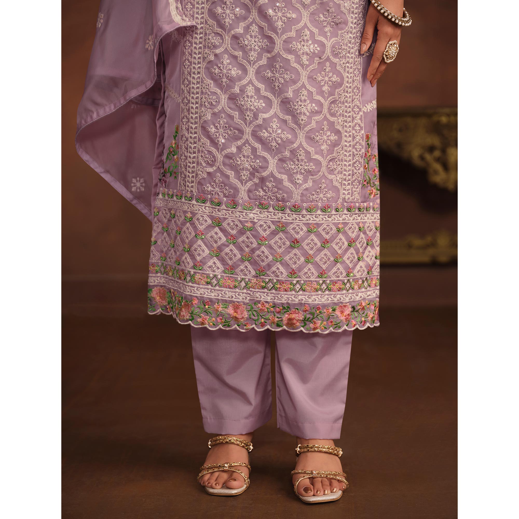 Purple Floral Embroidered Organza Semi Stitched Suit