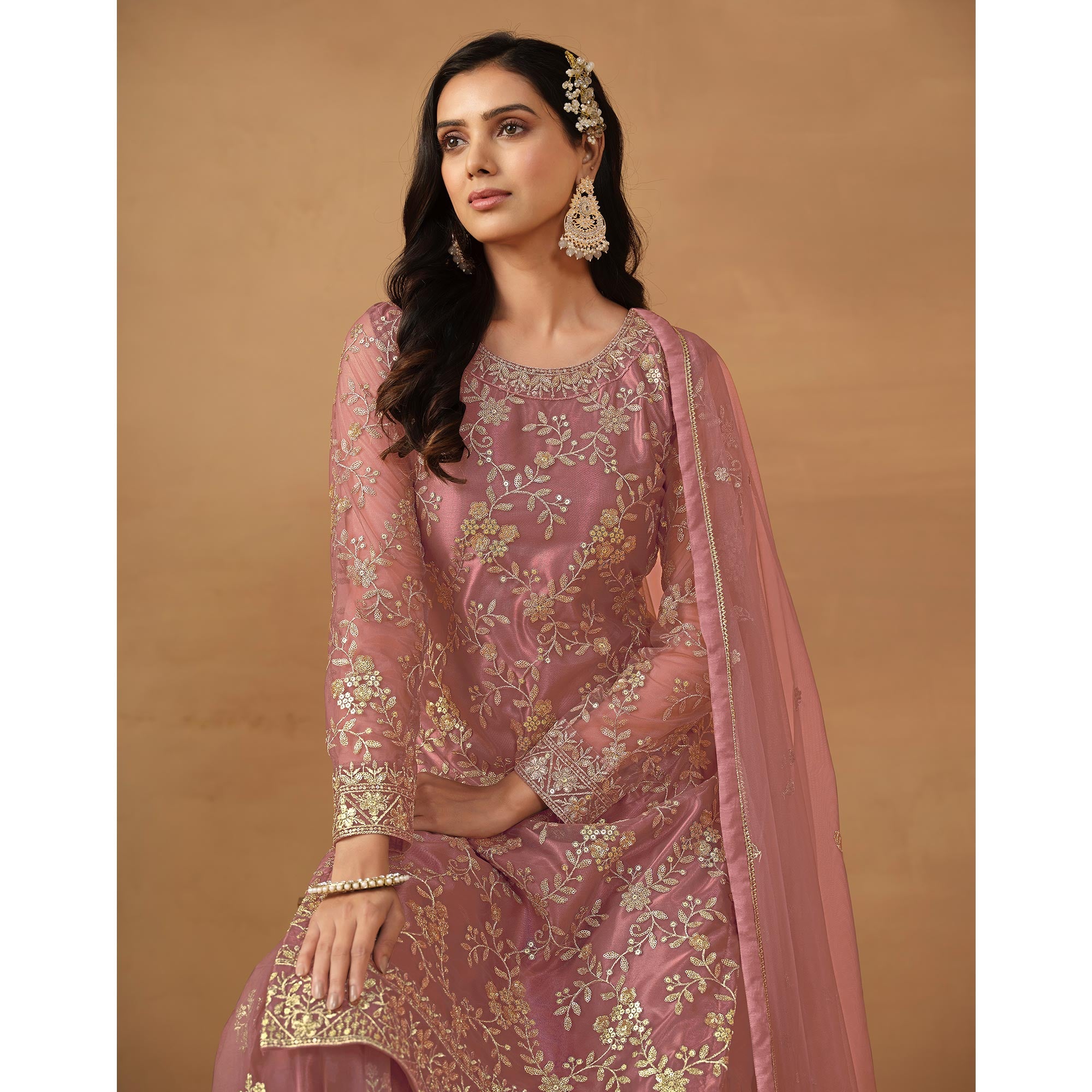 Pink Floral Embroidered Net Semi Stitched Sharara Suit