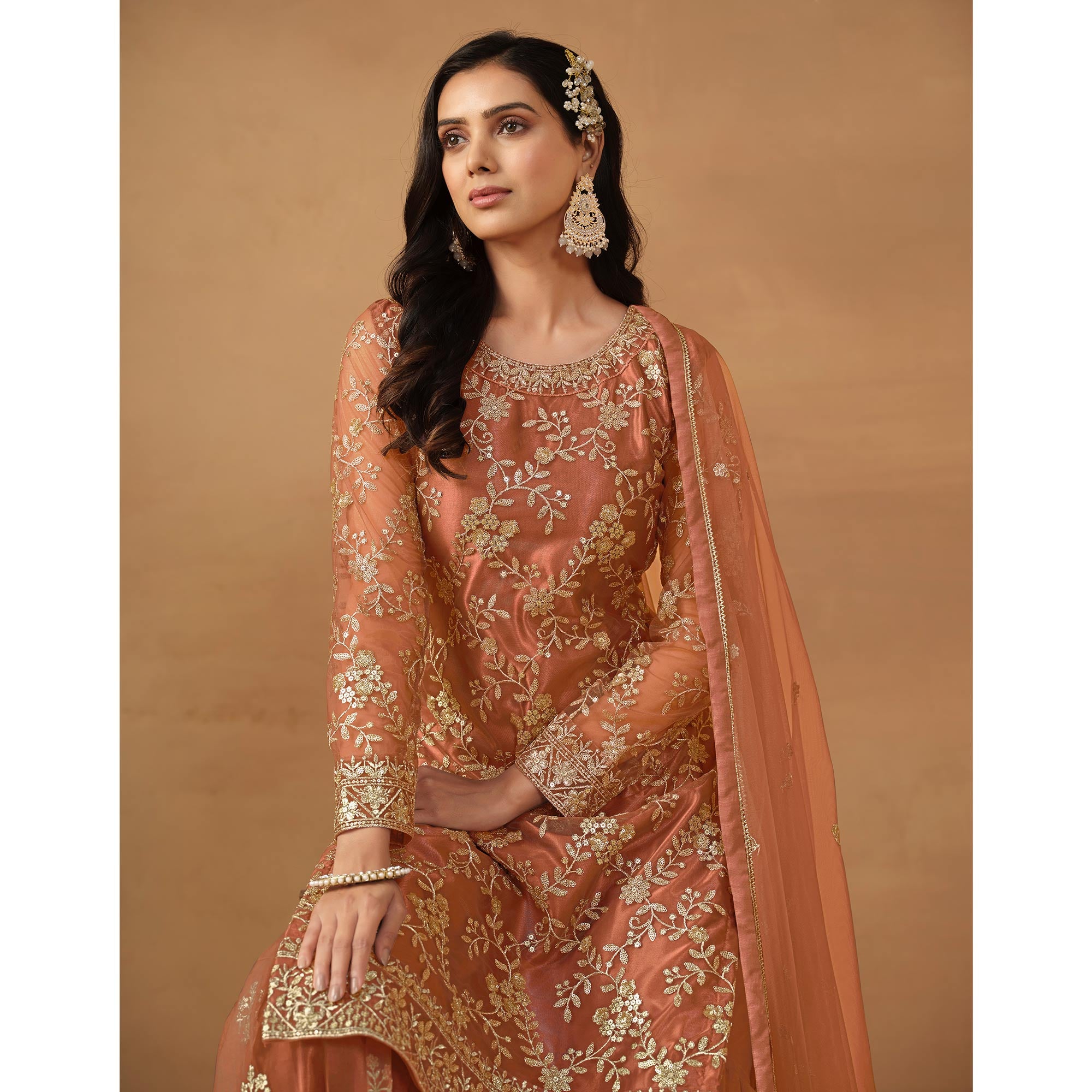 Dusty Orange Floral Embroidered Net Semi Stitched Sharara Suit