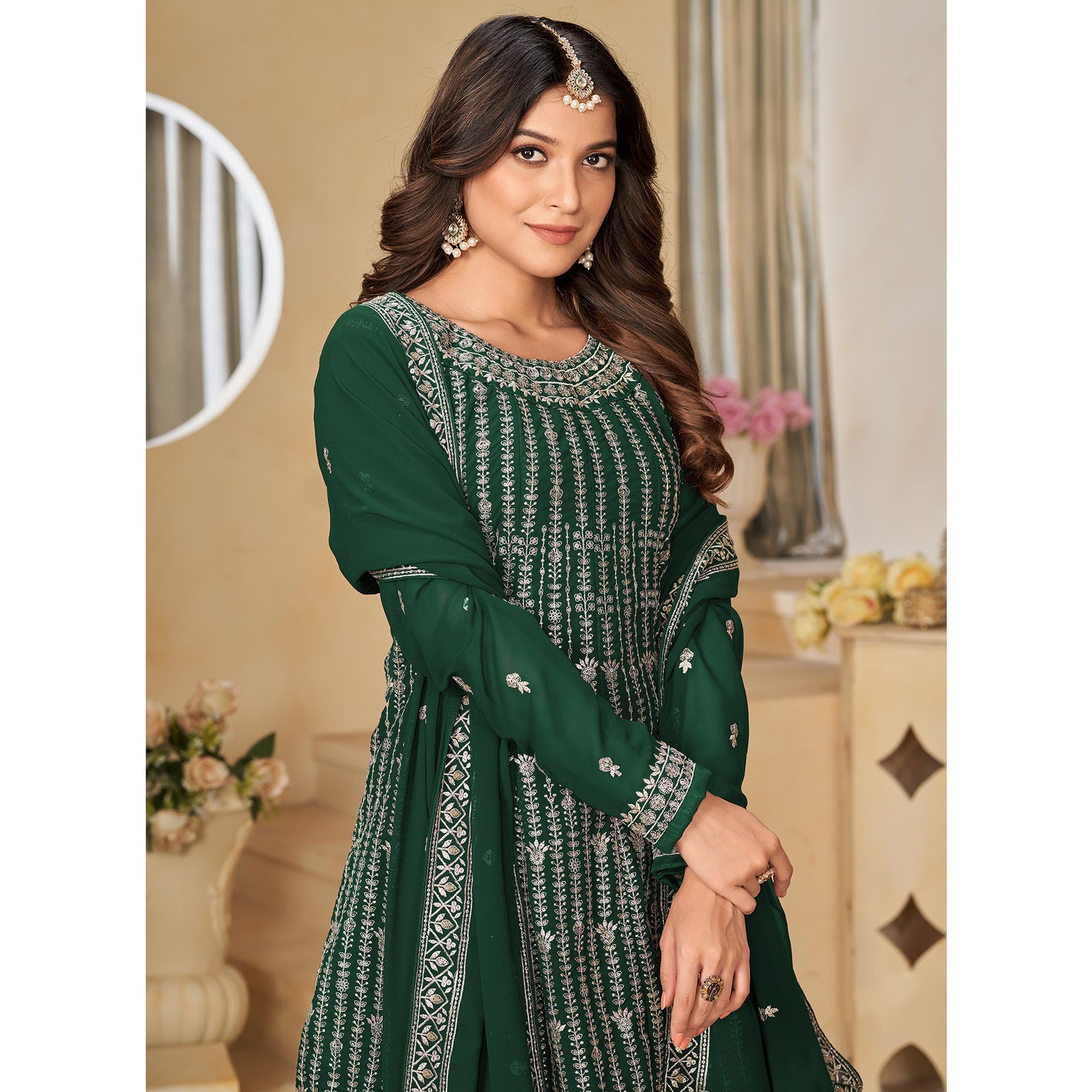 Green Floral Sequins Embroidered Georgette Semi Stitched Sharara Suit