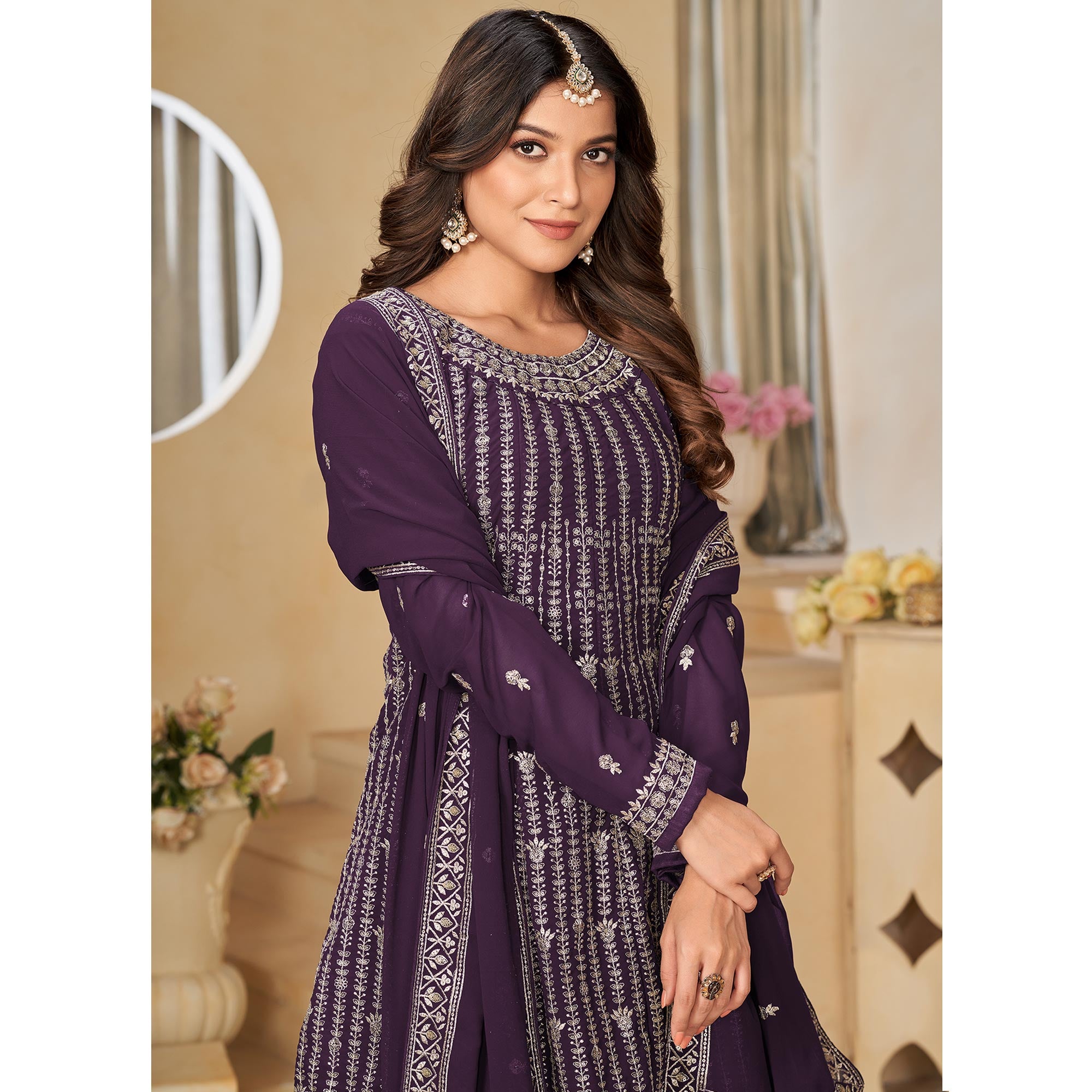 Purple Floral Sequins Embroidered Georgette Semi Stitched Sharara Suit