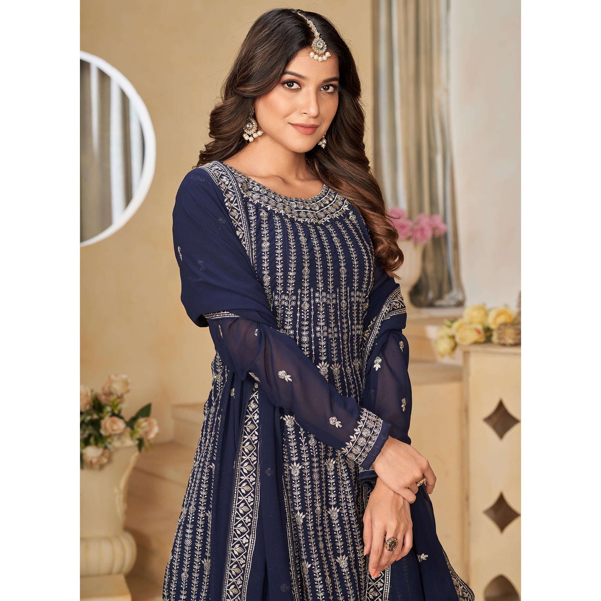 Navy Blue Floral Sequins Embroidered Georgette Semi Stitched Sharara Suit