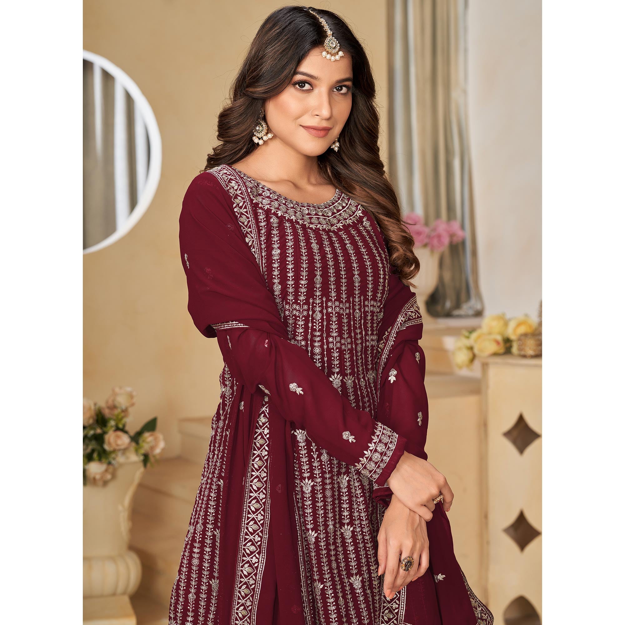 Maroon Floral Sequins Embroidered Georgette Semi Stitched Sharara Suit
