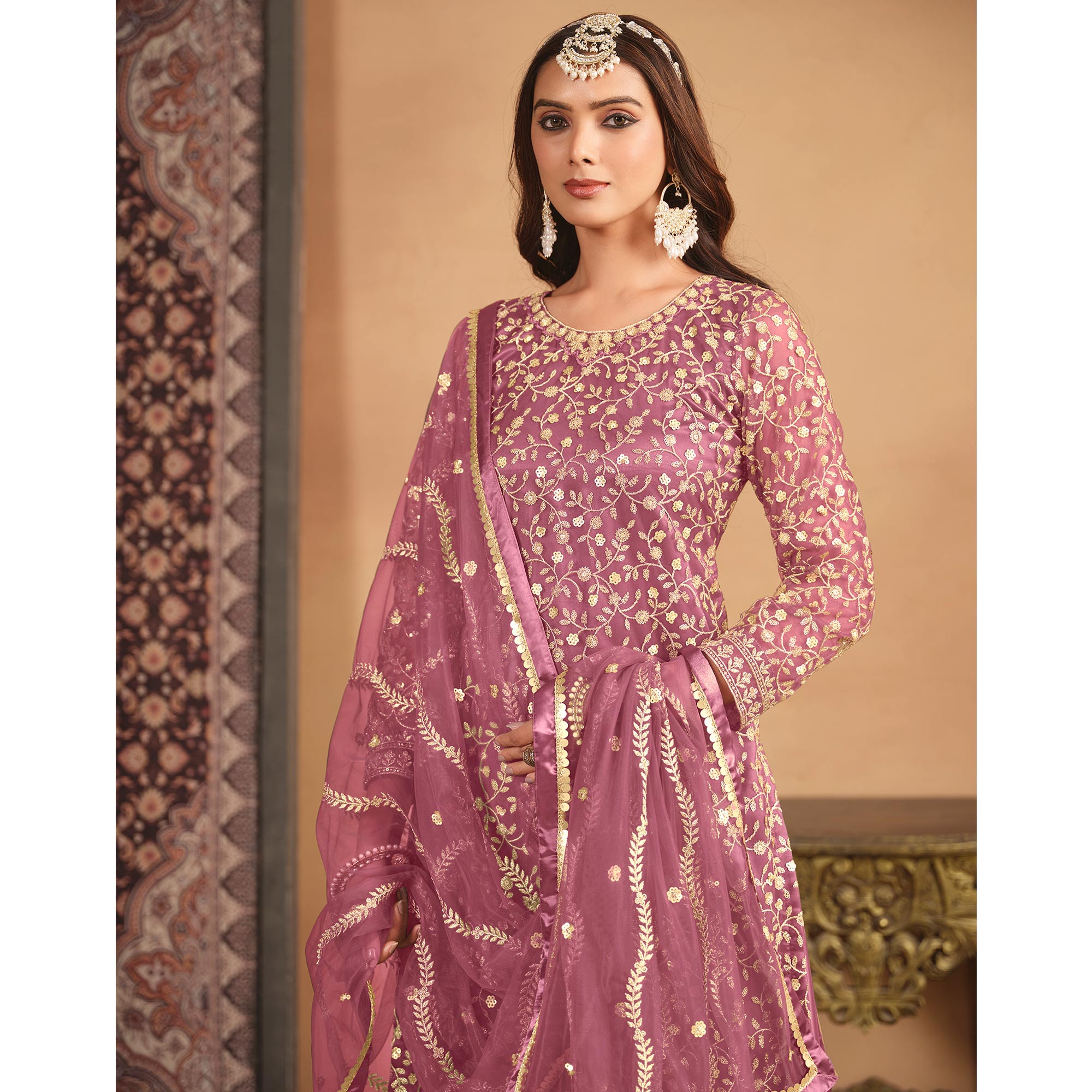 Pink Floral Sequins Embroidered Georgette Semi Stitched Sharara Suit