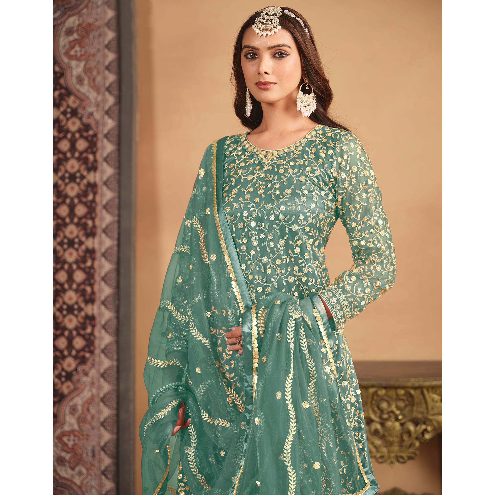 Sea Green Floral Sequins Embroidered Georgette Semi Stitched Sharara Suit