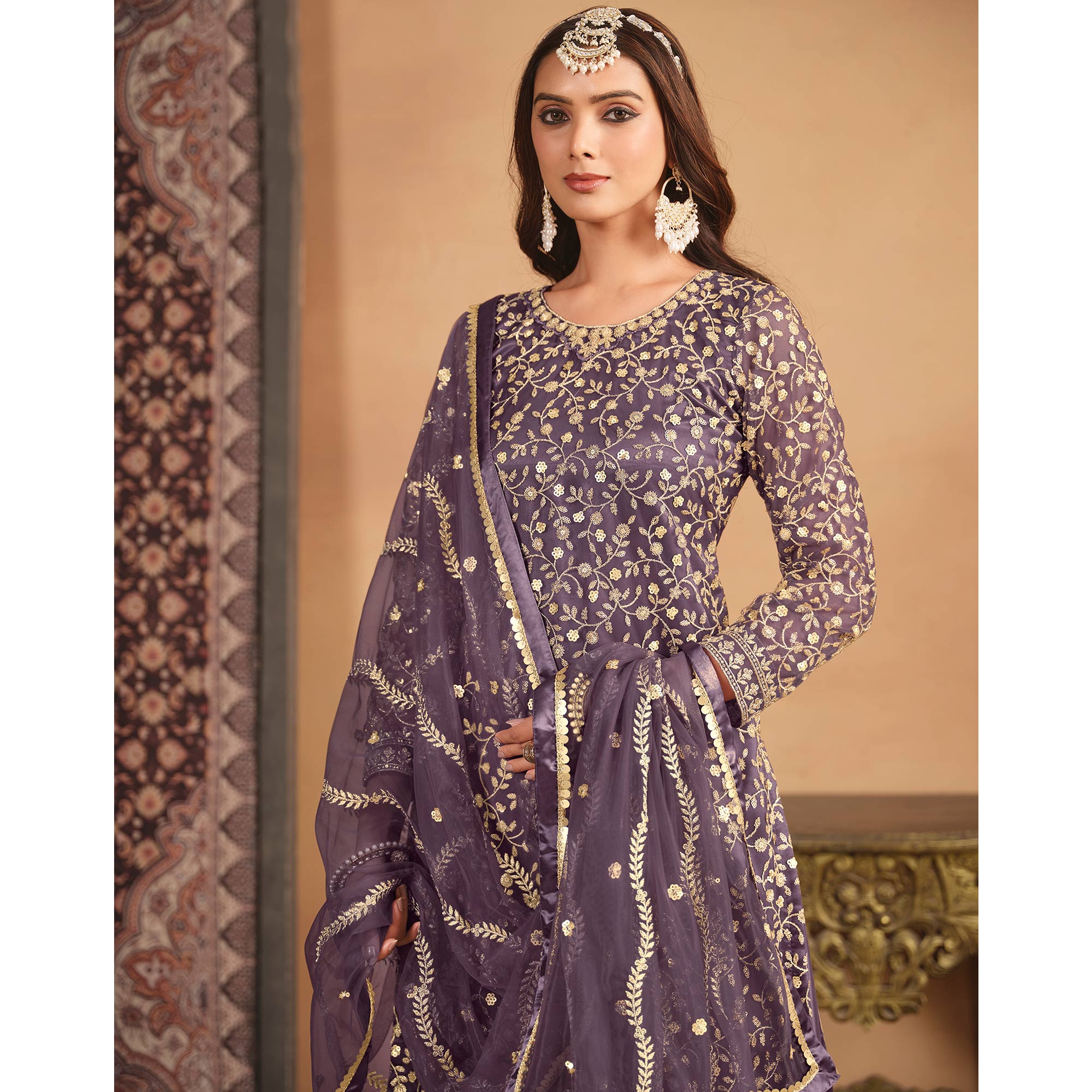 Purple Floral Sequins Embroidered Georgette Semi Stitched Sharara Suit