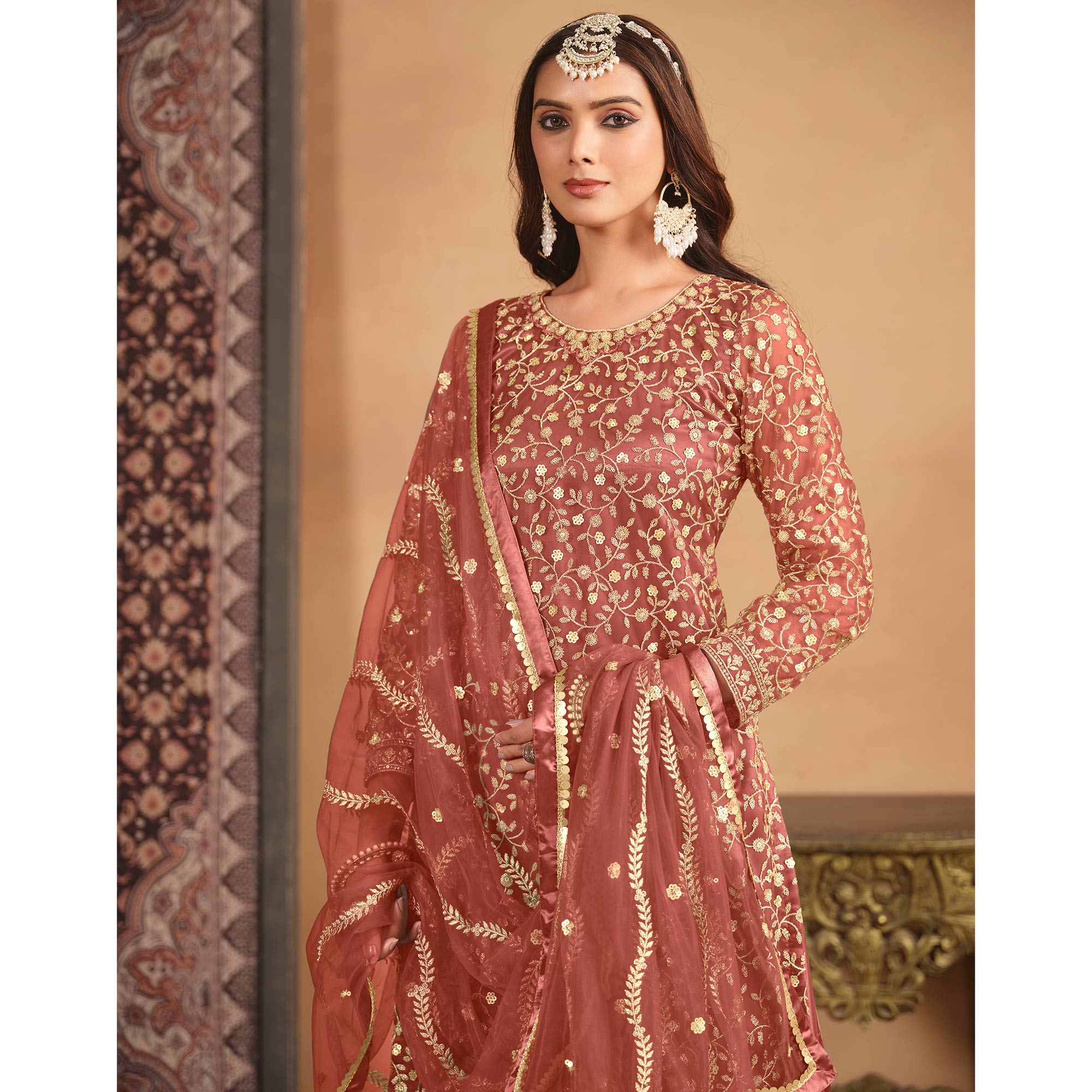 Rust Floral Sequins Embroidered Georgette Semi Stitched Sharara Suit