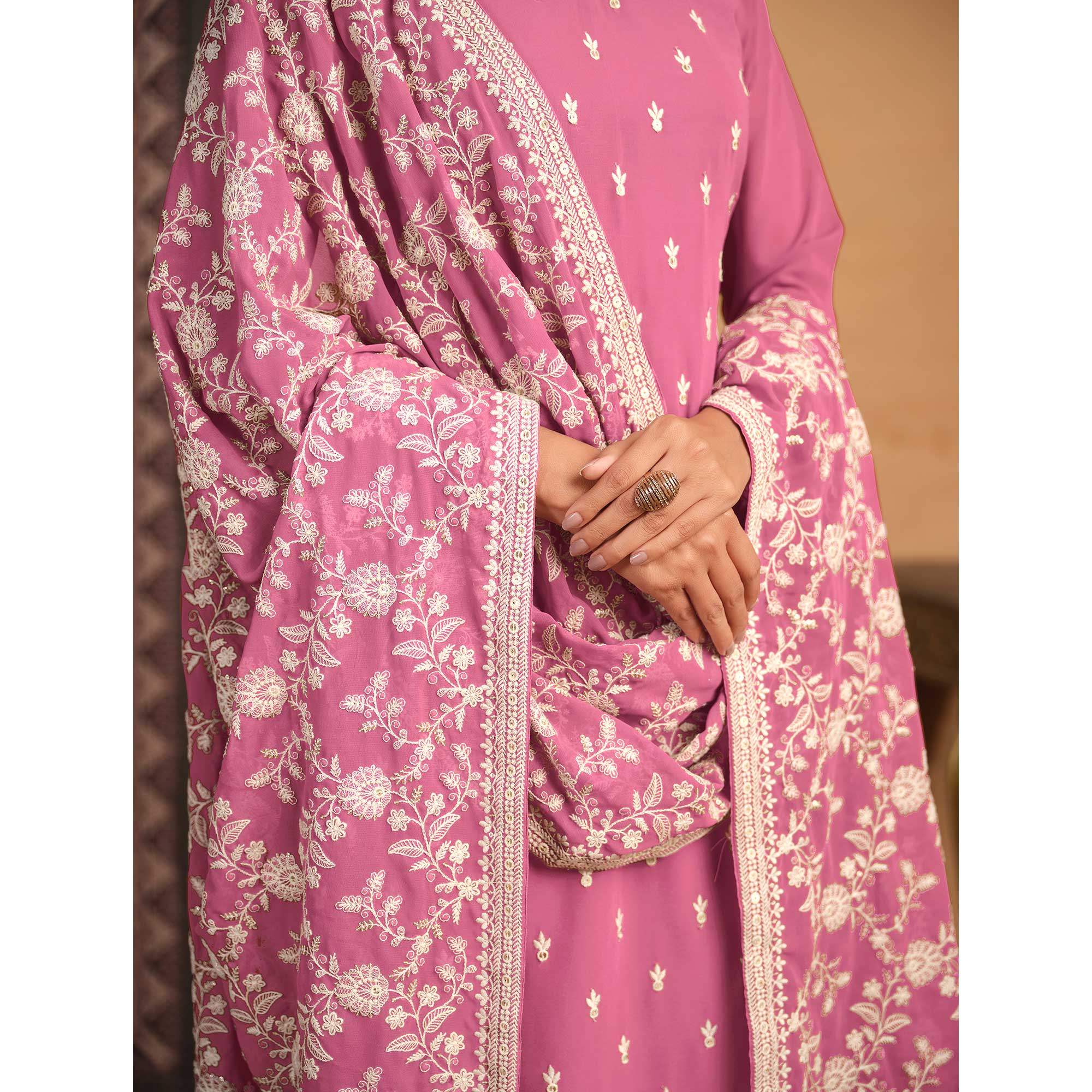 Pink Sequins Embroidered Georgette Semi Stitched Salwar Suit