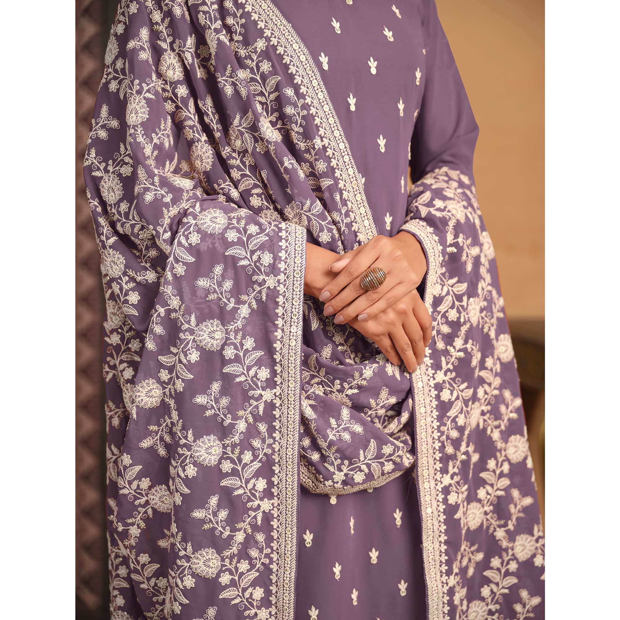 Purple Sequins Embroidered Georgette Semi Stitched Salwar Suit
