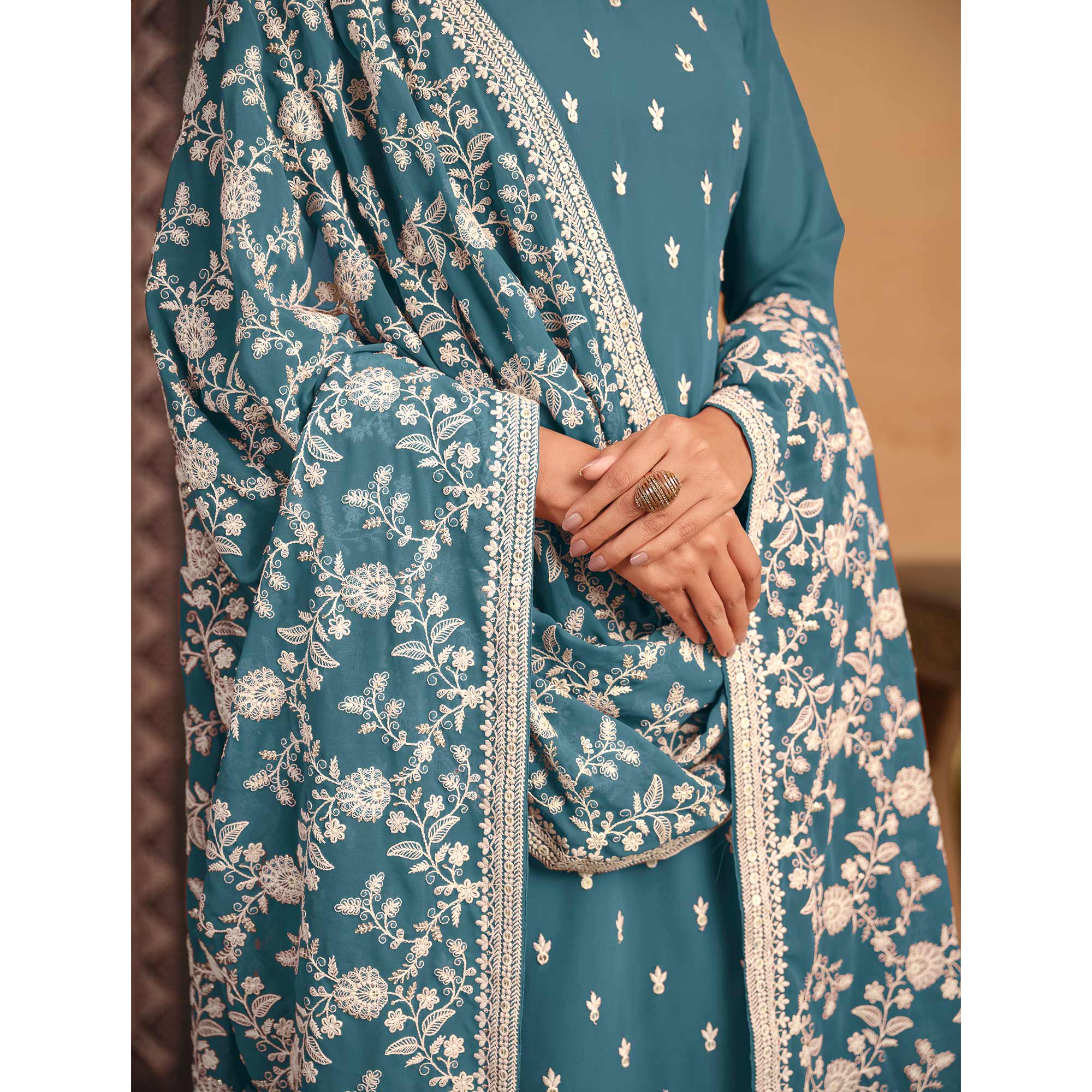 Blue Sequins Embroidered Georgette Semi Stitched Salwar Suit