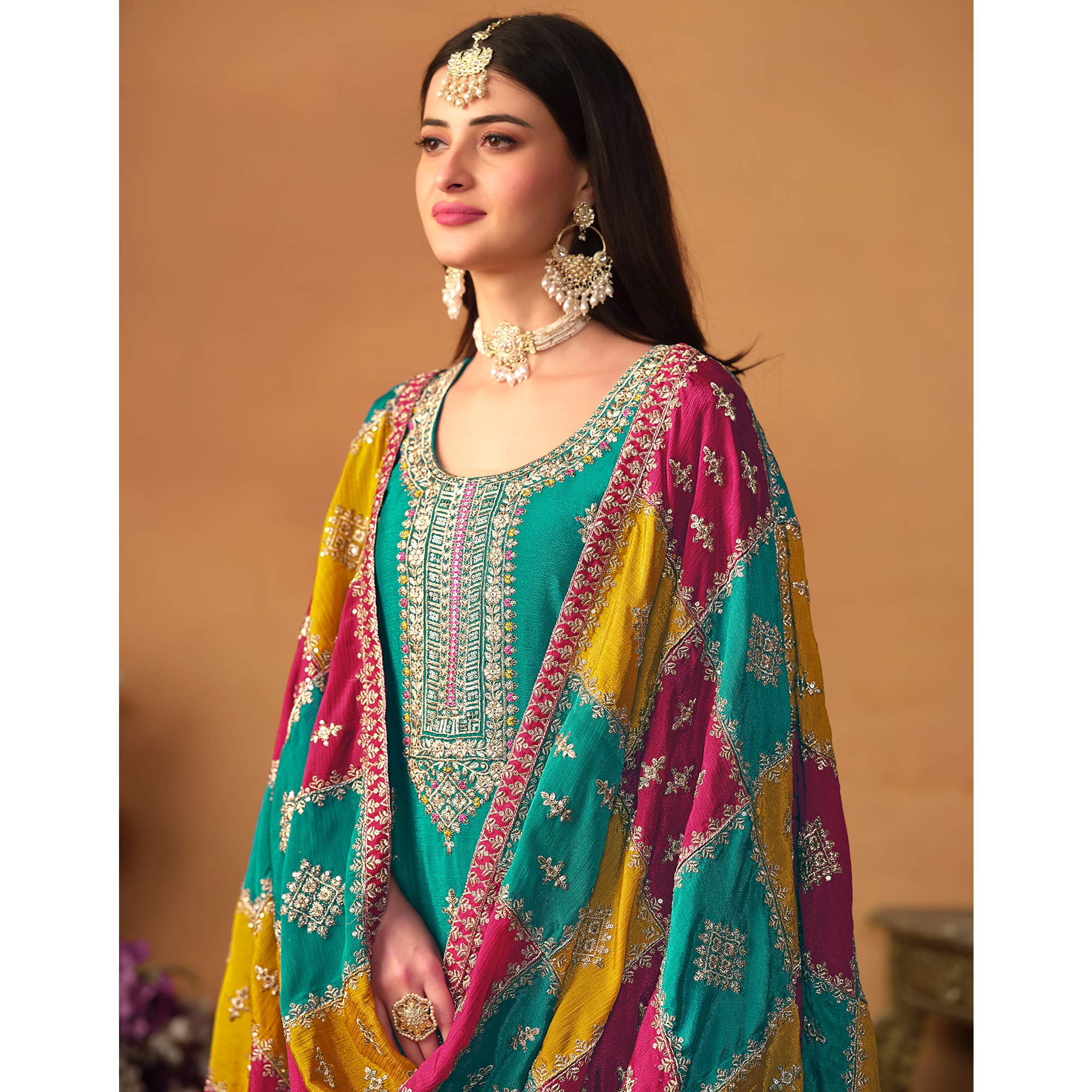 Rama Blue Floral Sequins Embroidered Chinon Silk Semi Stitched Salwar Suit