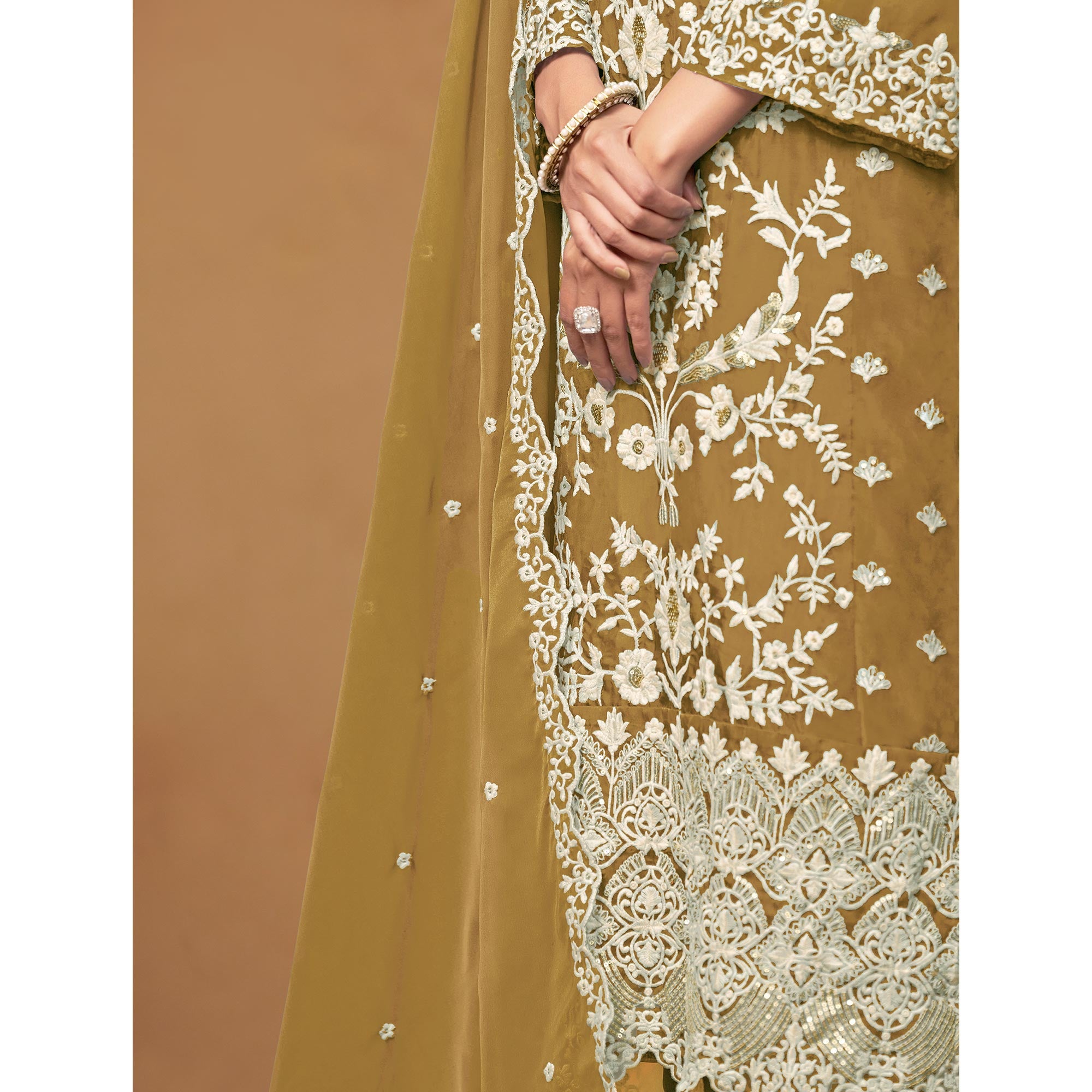 Mustard Floral Sequins Embroidered Organza Semi Stitched Salwar Suit