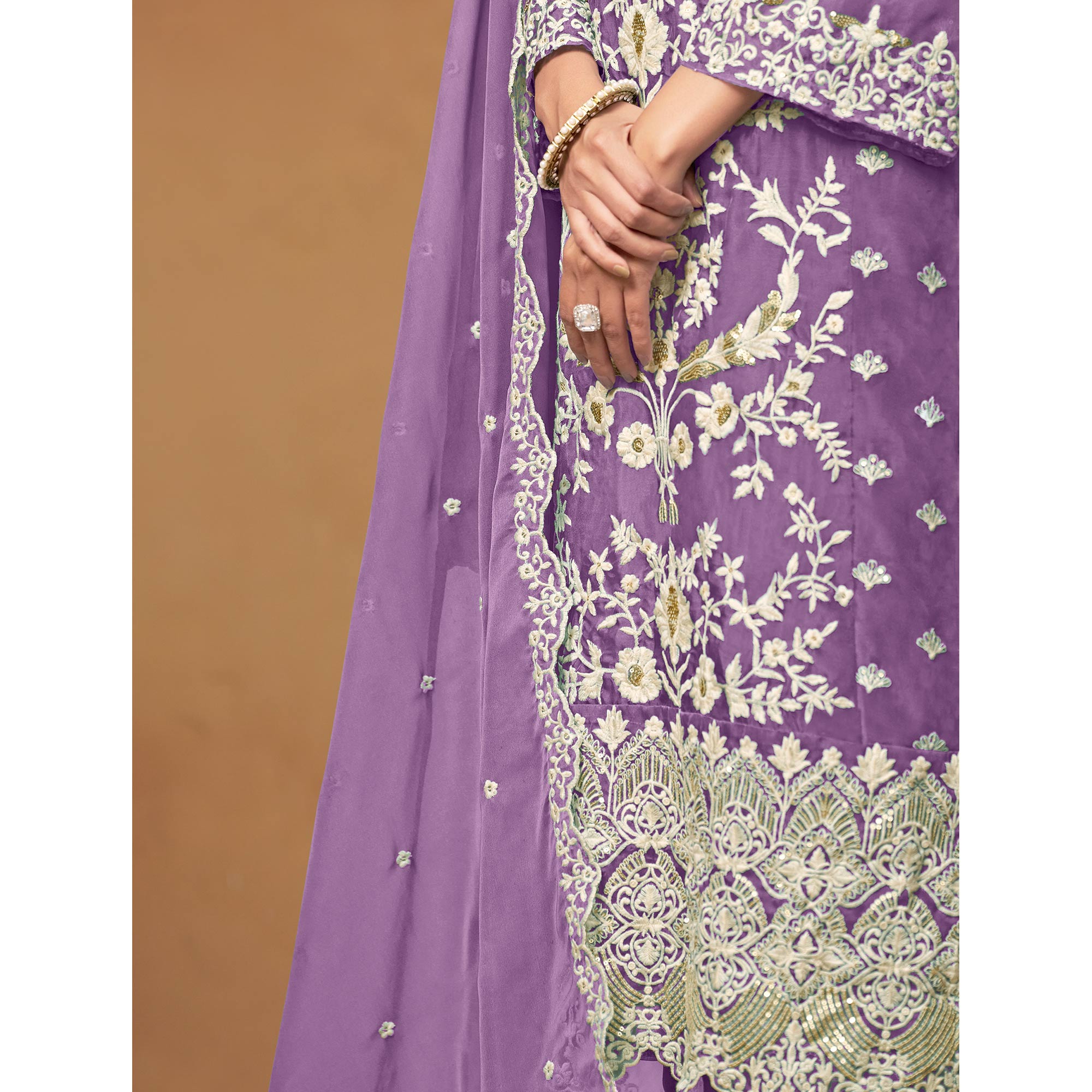 Purple Floral Sequins Embroidered Organza Semi Stitched Salwar Suit