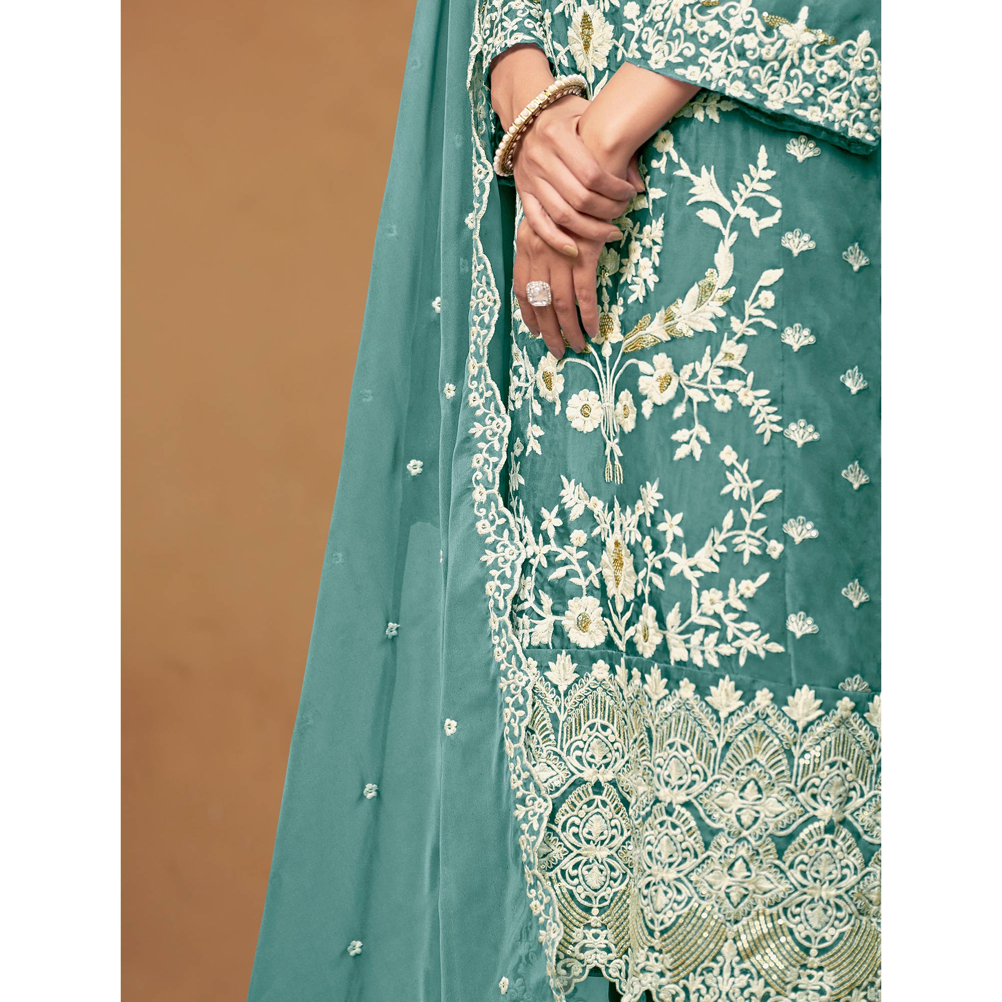 Blue Floral Sequins Embroidered Organza Semi Stitched Salwar Suit