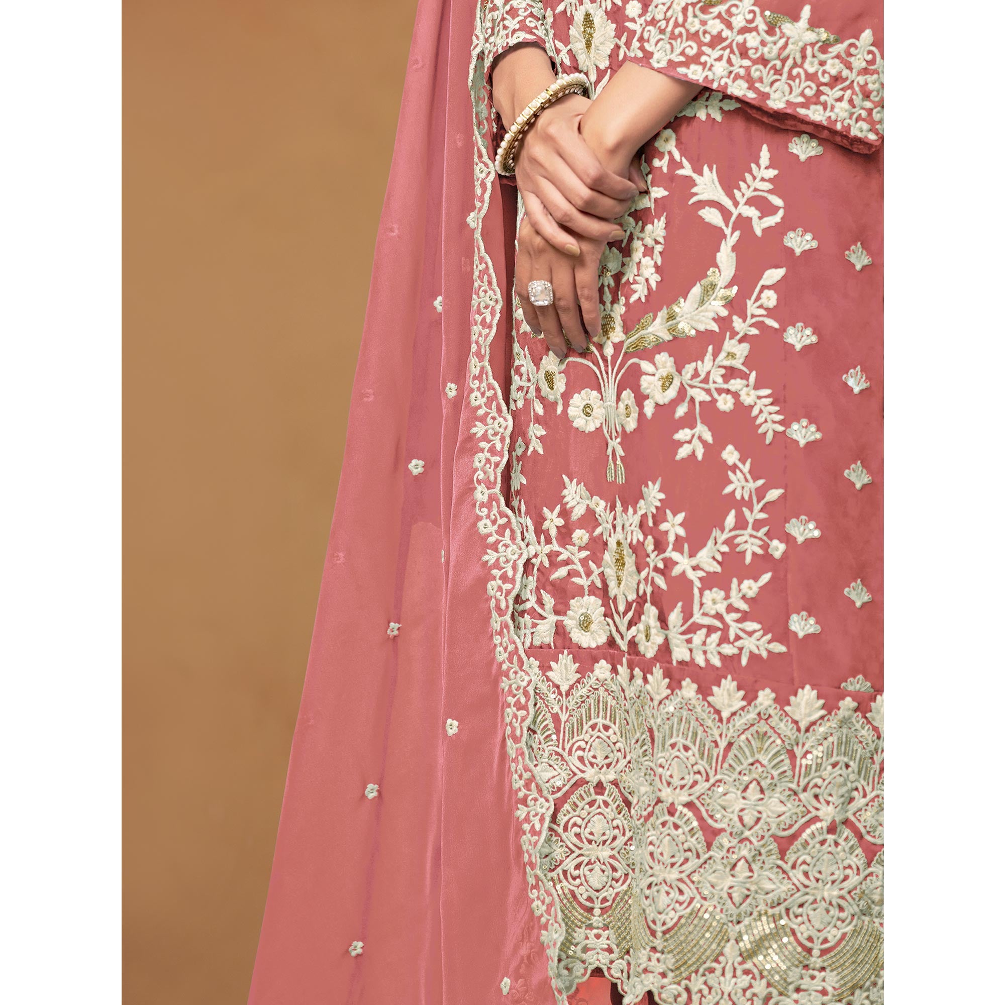 Peach Floral Sequins Embroidered Organza Semi Stitched Salwar Suit