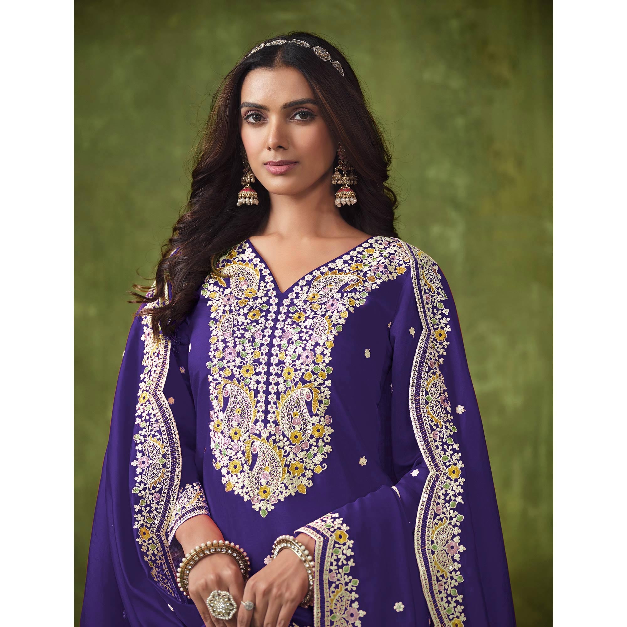Purple Floral Embroidered Pure Silk Unstitched Dress Material