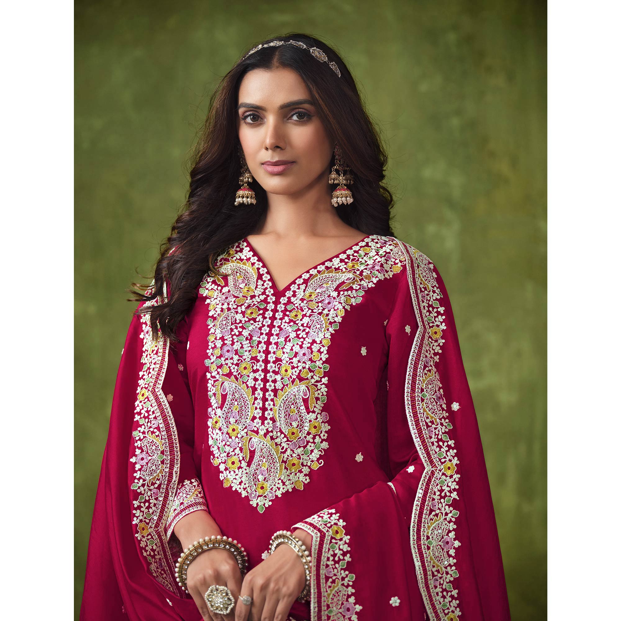 Pink Floral Embroidered Pure Silk Unstitched Dress Material