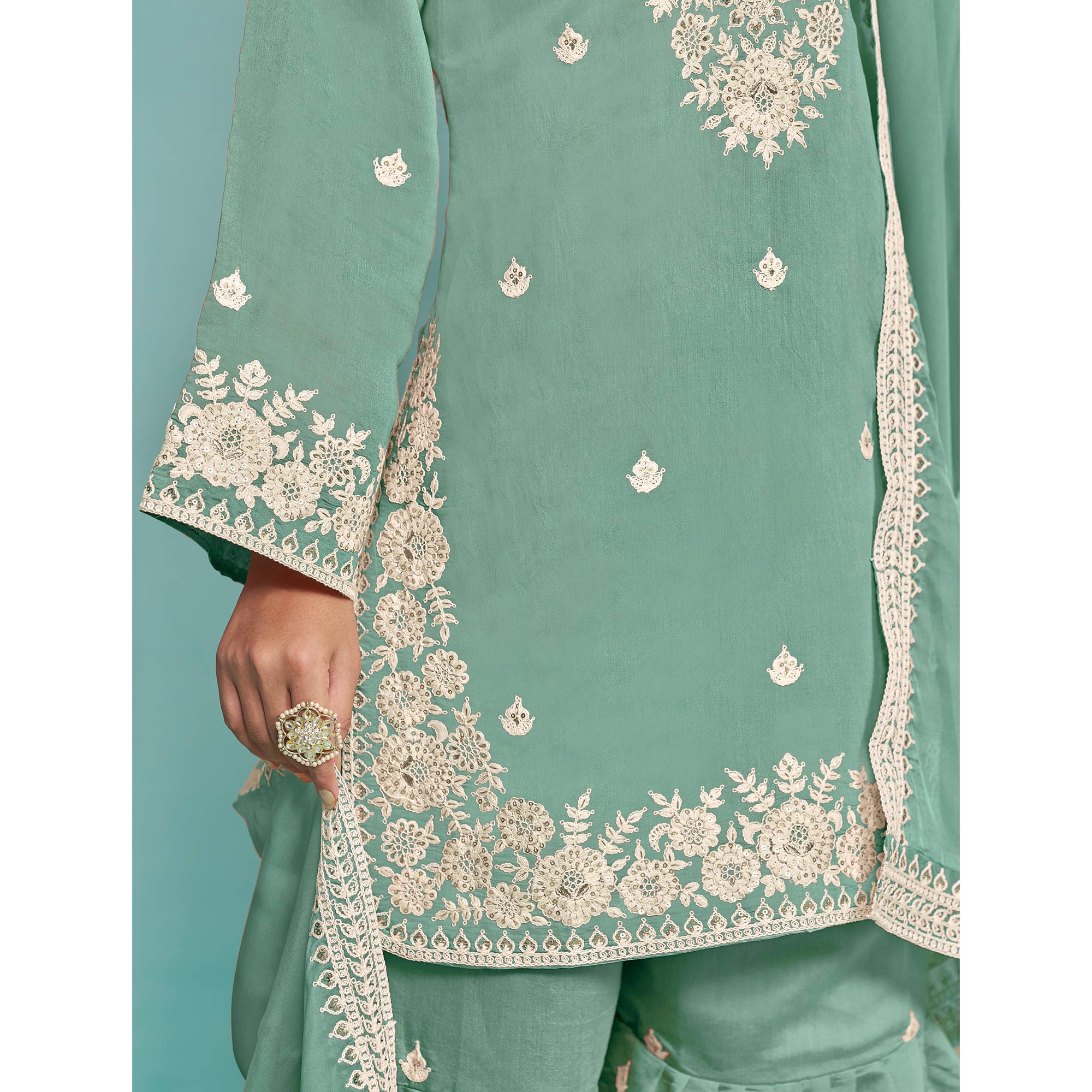 Turquoise Floral Sequins Embroidered Chanderi Semi Stitched Sharara Suit